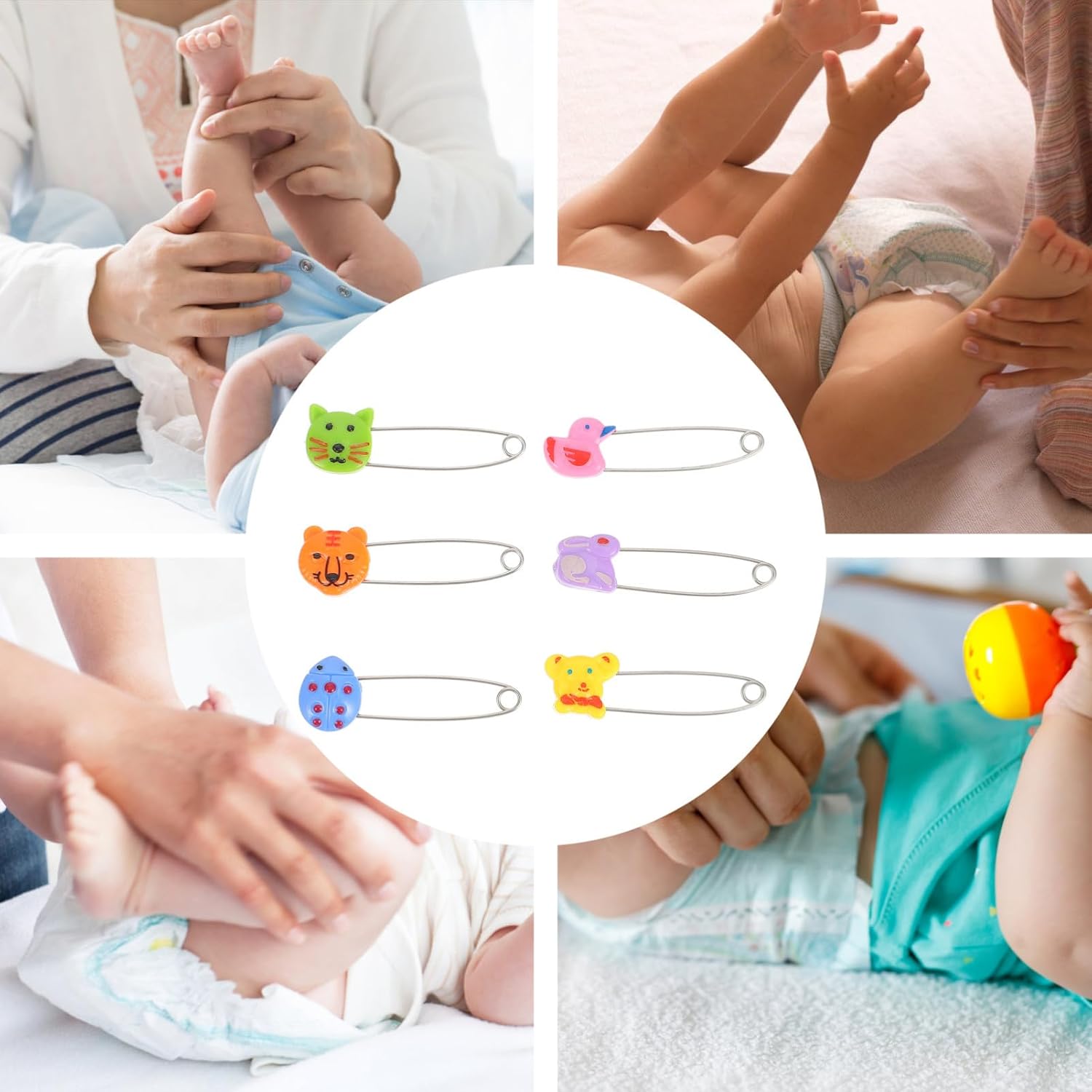 30pcs Stainless Steel Animal Safety Pins with Decorative Animal Heads for Newborn Diaper Fastening, Cloth Diaper Pins Suitable for Care