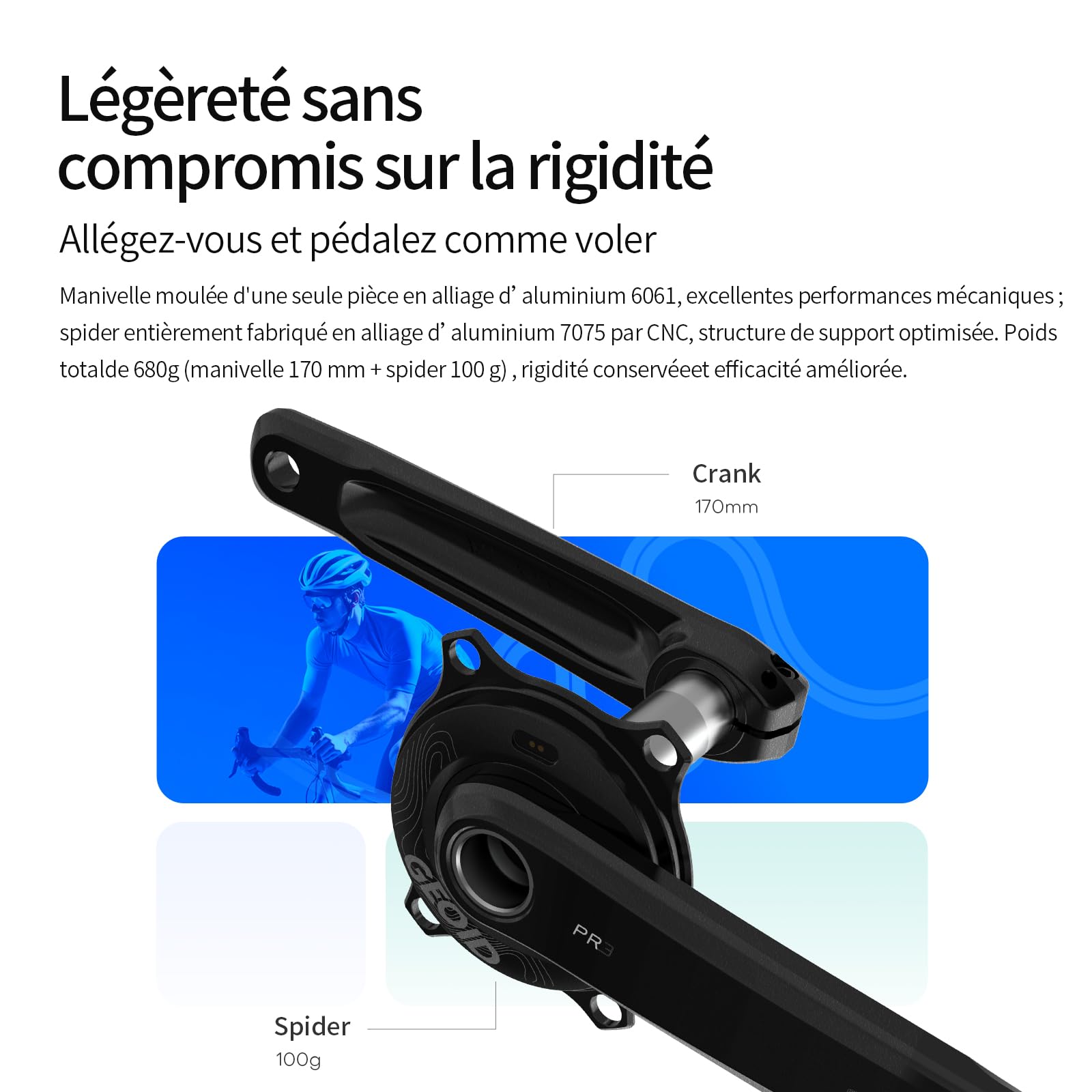 GEOID PM500 Compteur de Puissance pour Vélo de Route - Pédalier Léger 680g avec Précision ±1,5%, Batterie 300 Heures, 110 BCD, Bluetooth/Ant+, IPX7 Étanche