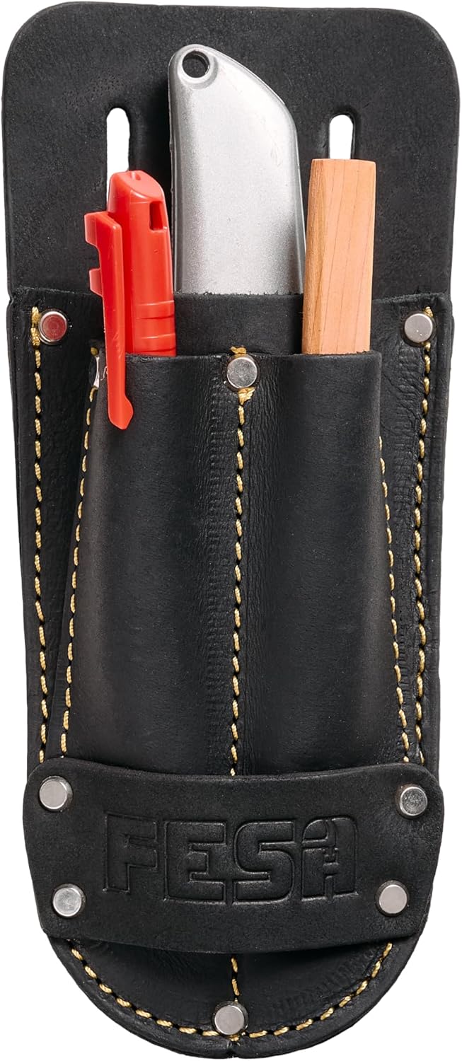 FESA Leather Utility Knife Pouch - Top Grain Leather Knife Pouch for Belt with 2 Pen/Pencil Pockets & Heavy Duty Reinforced Rivets - Fits Belts up to 2" - Handcrafted