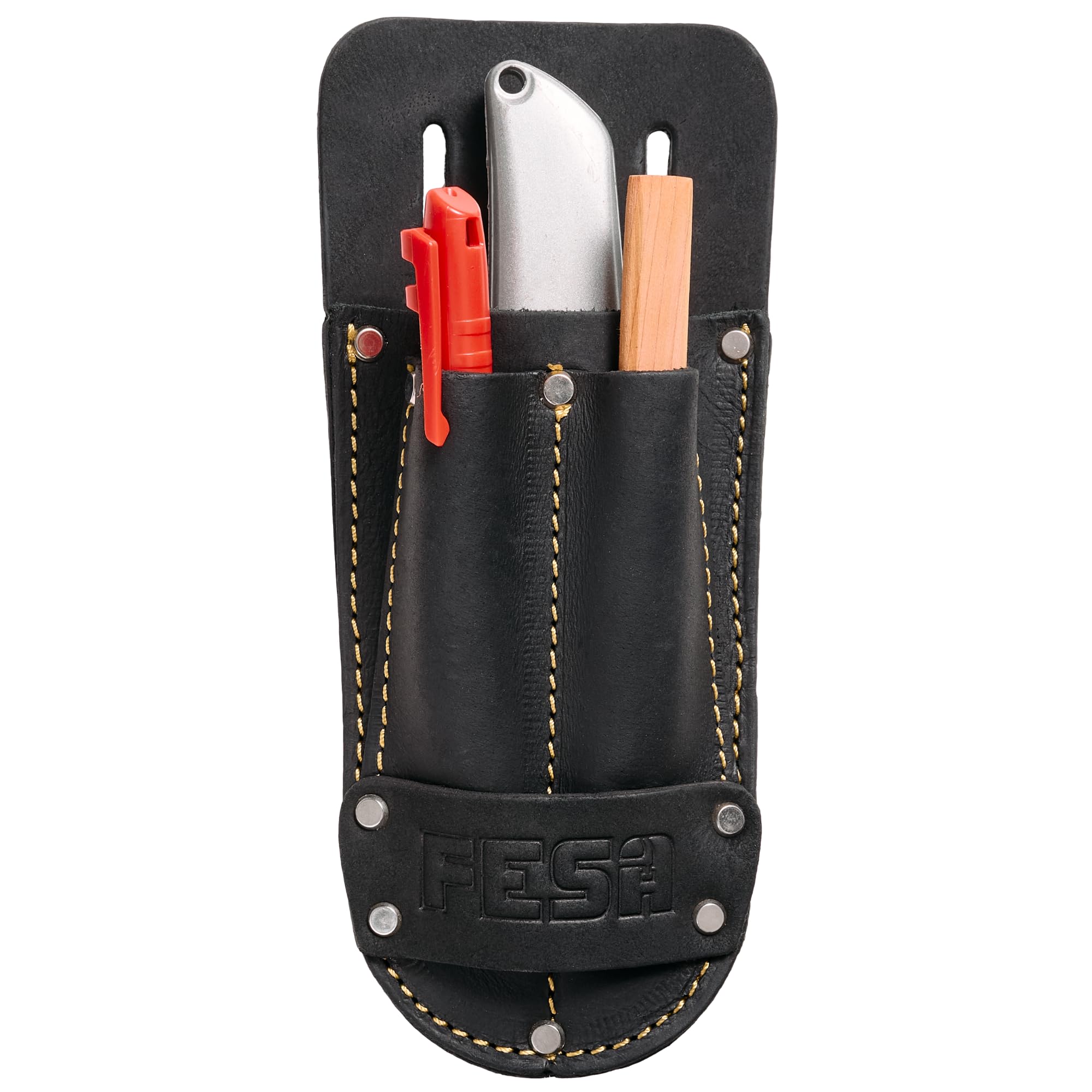 FESA Leather Utility Knife Pouch - Top Grain Leather Knife Pouch for Belt with 2 Pen/Pencil Pockets & Heavy Duty Reinforced Rivets - Fits Belts up to