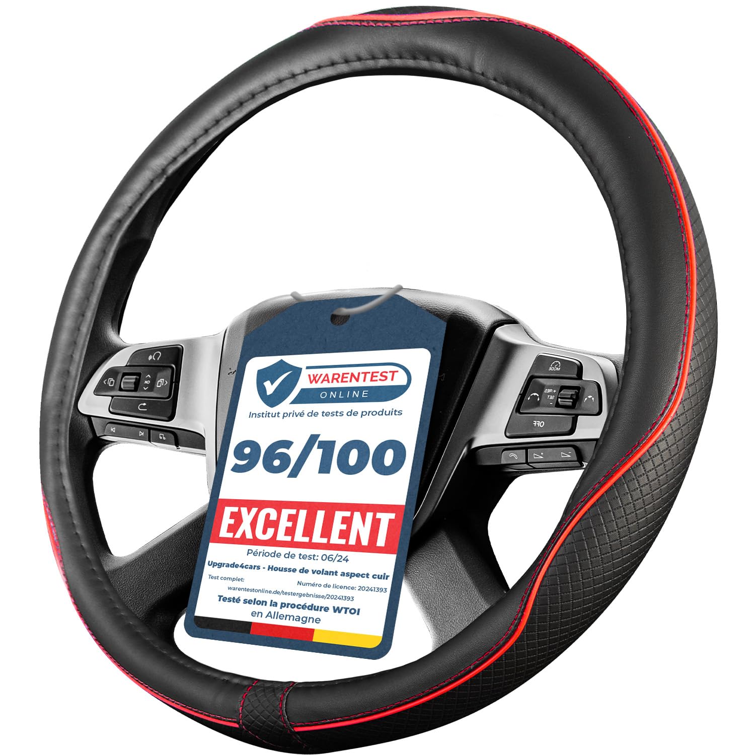 Upgrade4cars Couvre Volant Camion 44-46 cm Noir Rouge Simili Cuir | Housse de Protection Furgon Taille Universel | Accessoires Voiture Decoration Interieur Protege