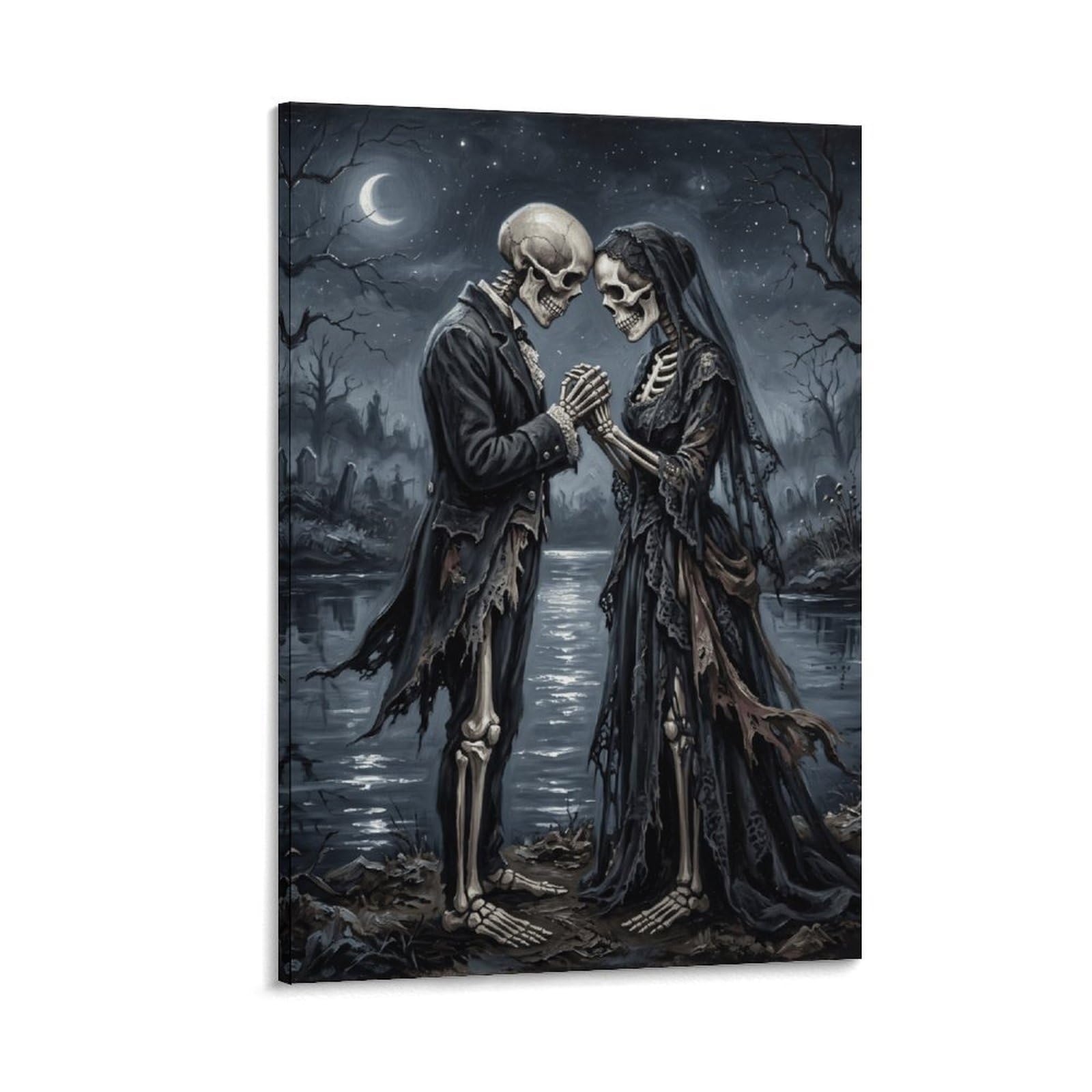 W7C8U2X3 Moonlit Skeleton Couple Canvas Wall Art, Gothic Fantasy Wall Art