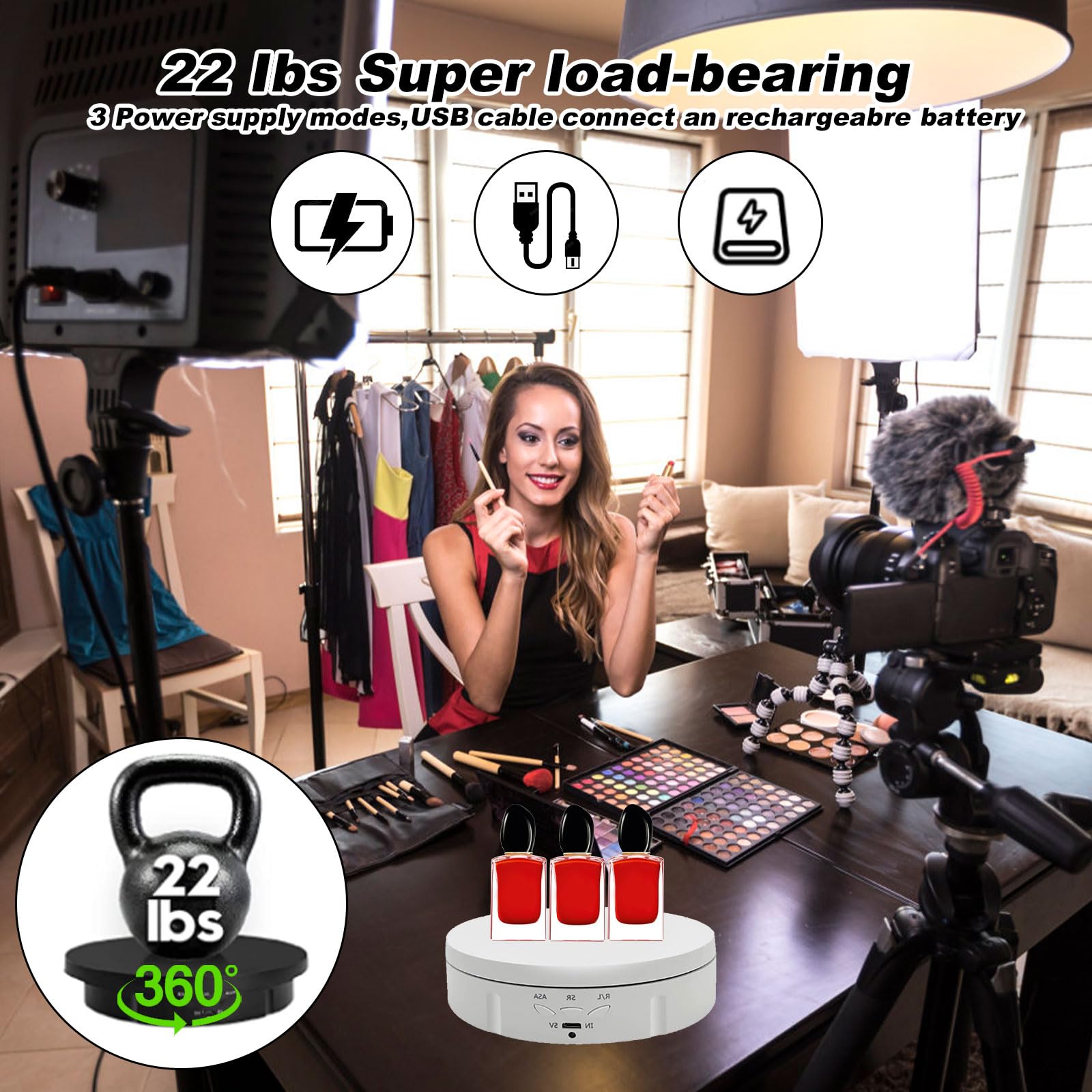 Espositore Girevole, Piatto girevole elettrico, 14,6 cm/18 cm/22 cm, Giradischi Elettrico Rotante a 360 Gradi, Regolabile Velocità di Rotazione e Angolo, Per Fotografia, Gioielli, Espositore (bianco)