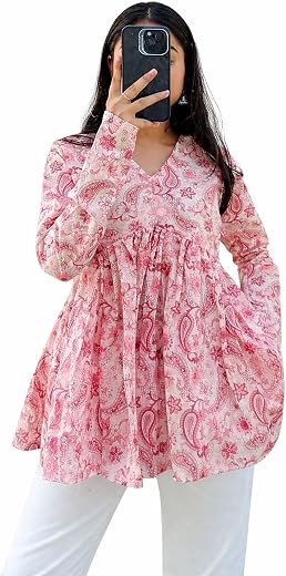 SEETA FASHION Women's Cotton Floral Printed V Neck Tunic Top Full Sleeve
