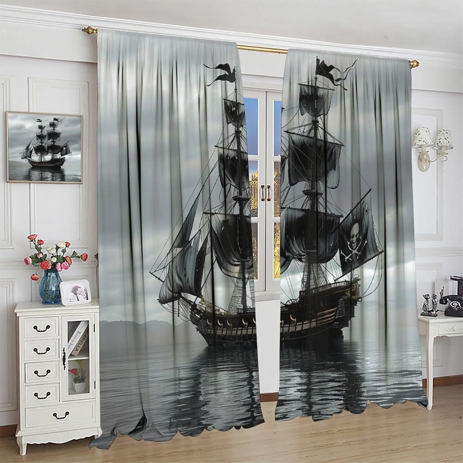 Pirate Ship Blackout Curtains, Nautical Sailboat Ocean Black Home Decor Rod Pocket Window Drapes for Living Room Bedroom- 2 Panels, Each 36" W x 63" L