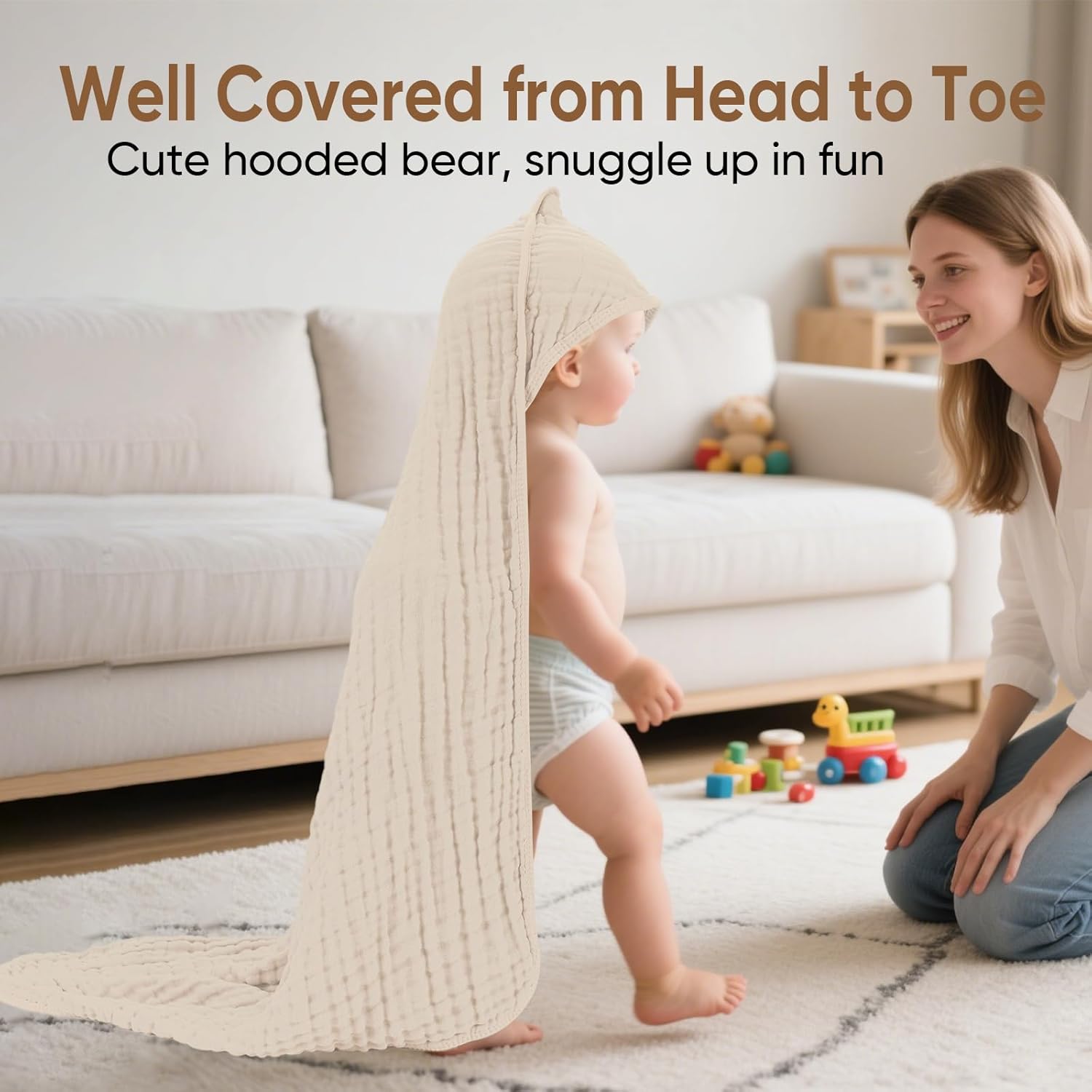 Muslin Hooded Baby Towels 100% Cotton ，Super Soft Muslin Baby Bath Towel - 32 x 32 Inches, Suitable for Newborn and Young Children up to 3 Years Old. (Beige & Coffee) - Image 4