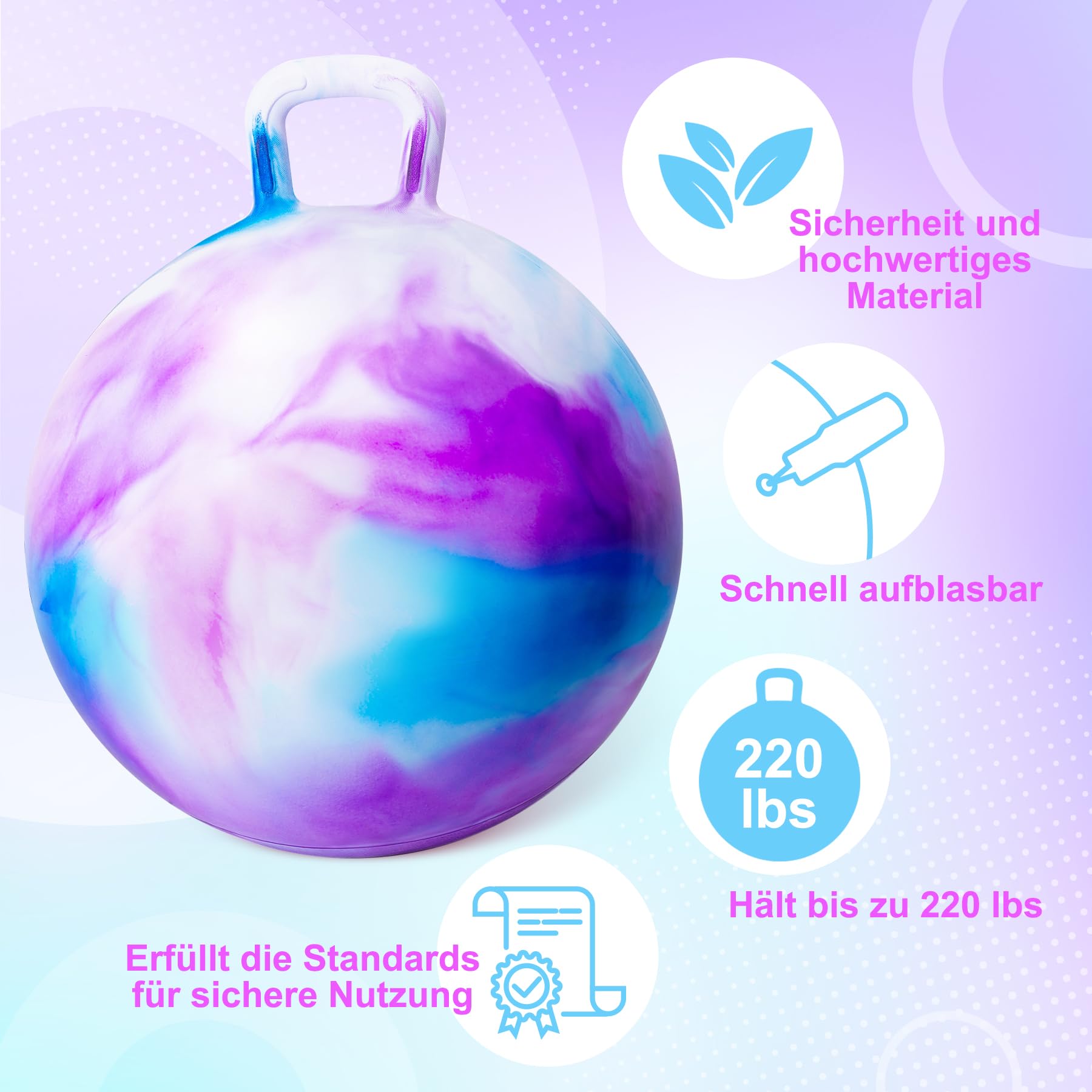 INPODAK 50cm Hüpfball,Aufblasbarer Hopper Ball mit Pumpe,100 KG Belastbar Sprungball mit Griff,rutschfest Space Hopper,20 Zoll Hüpfball für Kinder 5-9 Jahren Drinnen & Draußen - 5