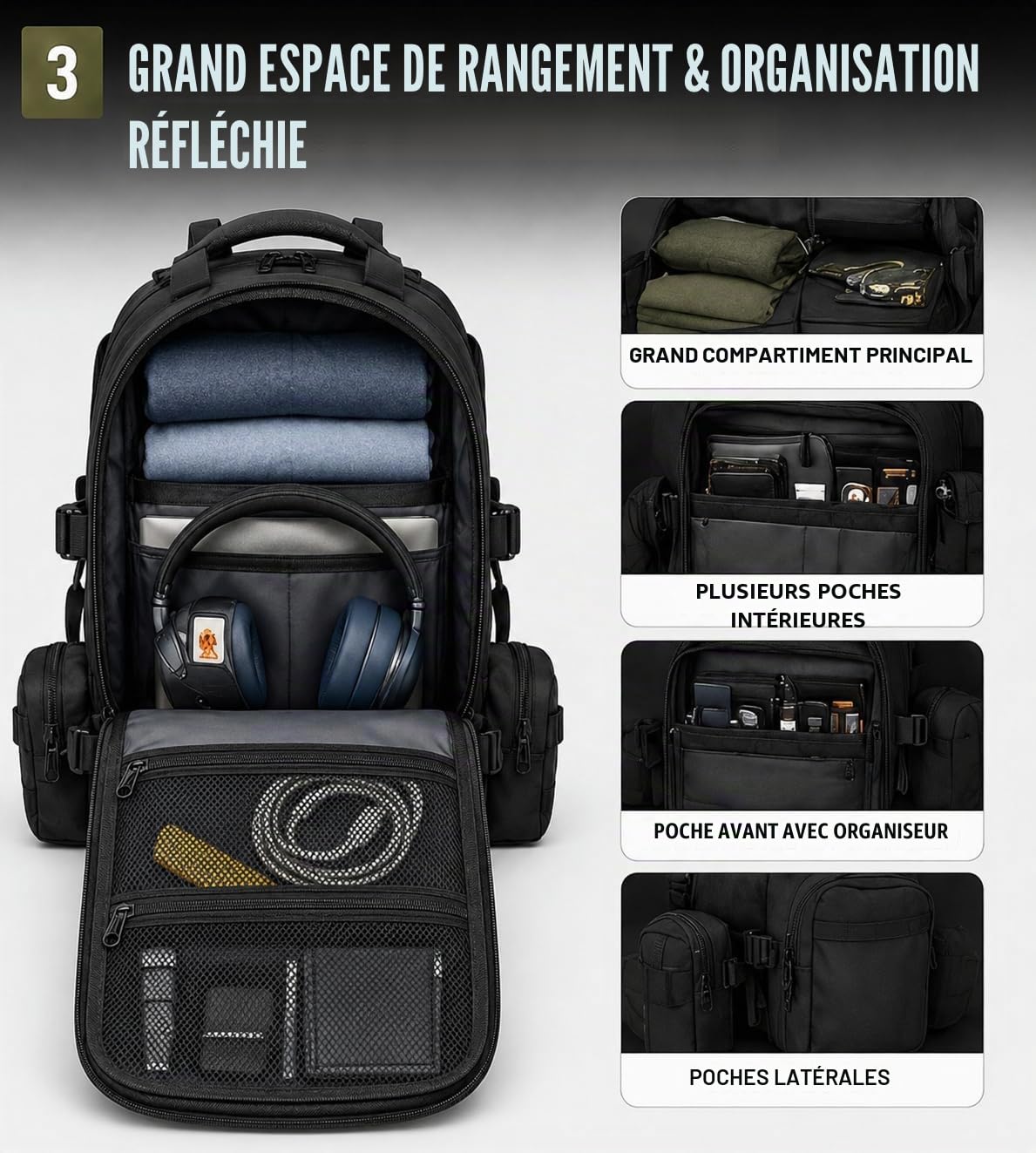 AUMTISC Sac à dos tactique militaire, 35 l, avec 3 poches Molle, protection contre la pluie et porte-bouteille d'eau