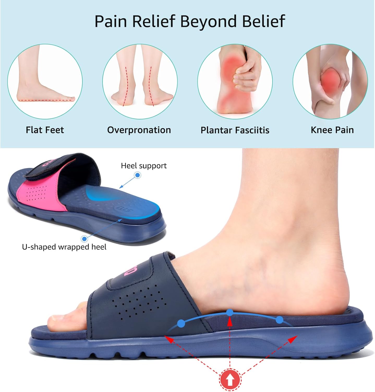 STQ Orthopedic Slides for Women Memory Foam Sandals Arch Support Slide Sandals with Adjustable Hook and Loop 10 Navy Rose image 2 of 9 B0CMCSH4XW