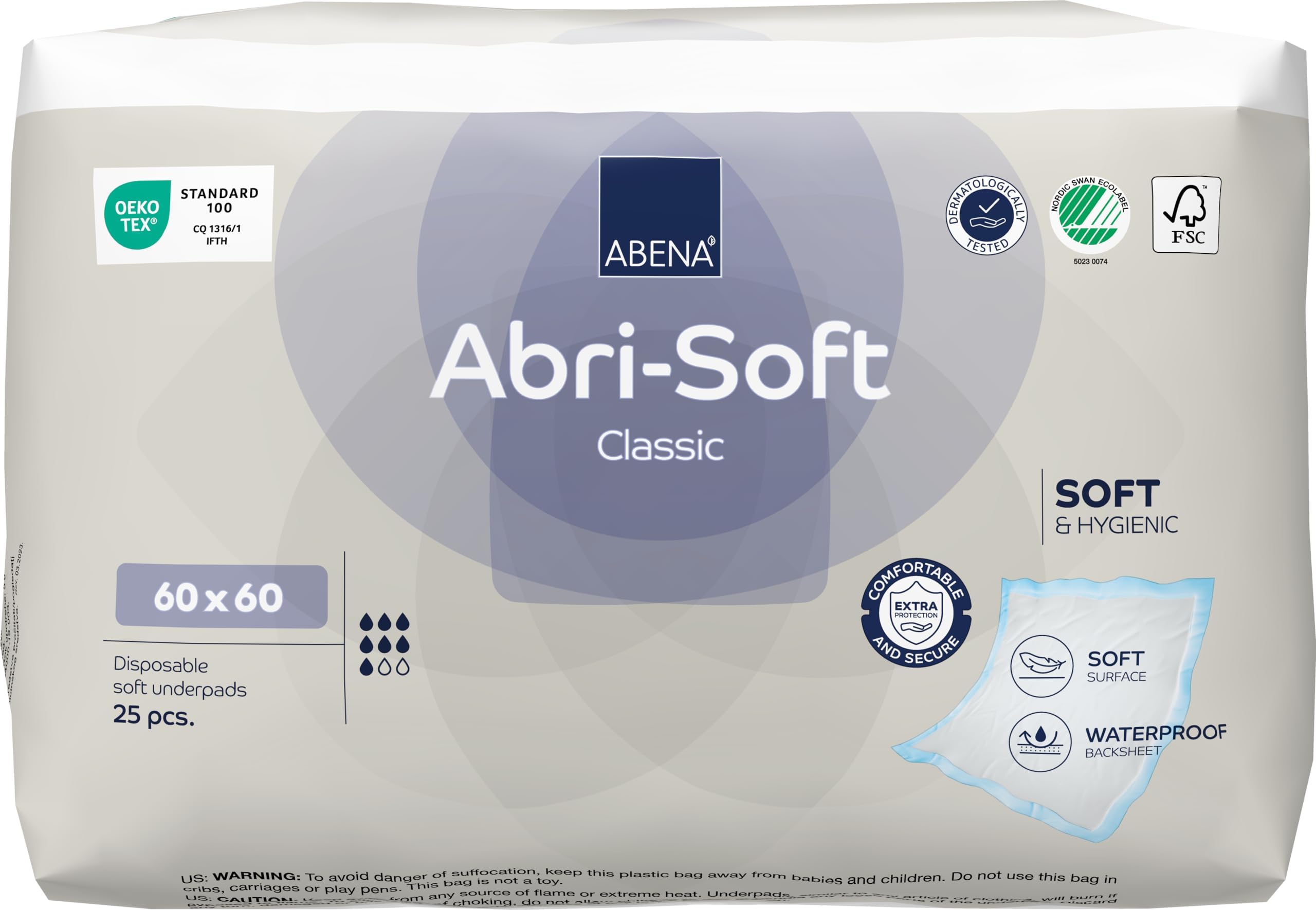 ABENA Abri-Soft Classic Disposable Incontinence Bed Pads, Eco-Labelled Incontinence Underpads, Leak Protection, Soft & Secure Bed Protectors For Incontinence - 60x60cm, 1300ml Absorbency, 25PK