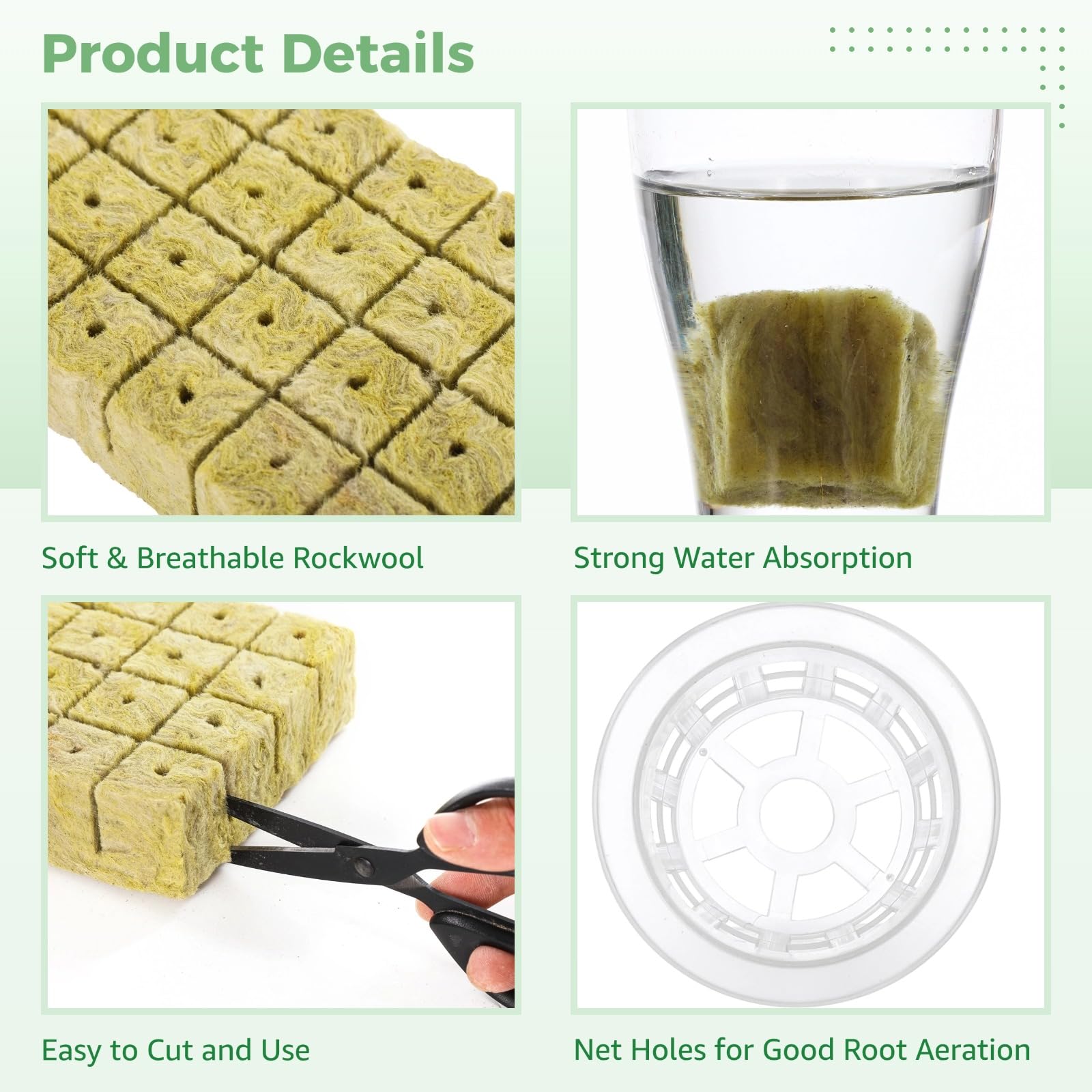 72 ROCKWOOL Würfel und Netztopf-Set, Hydrokultur-Kit, Steinwolle-Stecklinge mit Netztopf, Hydrokultur-Starter-Kit, effiziente Wasserspeicherung, schnelle Keimung für Setzlinge