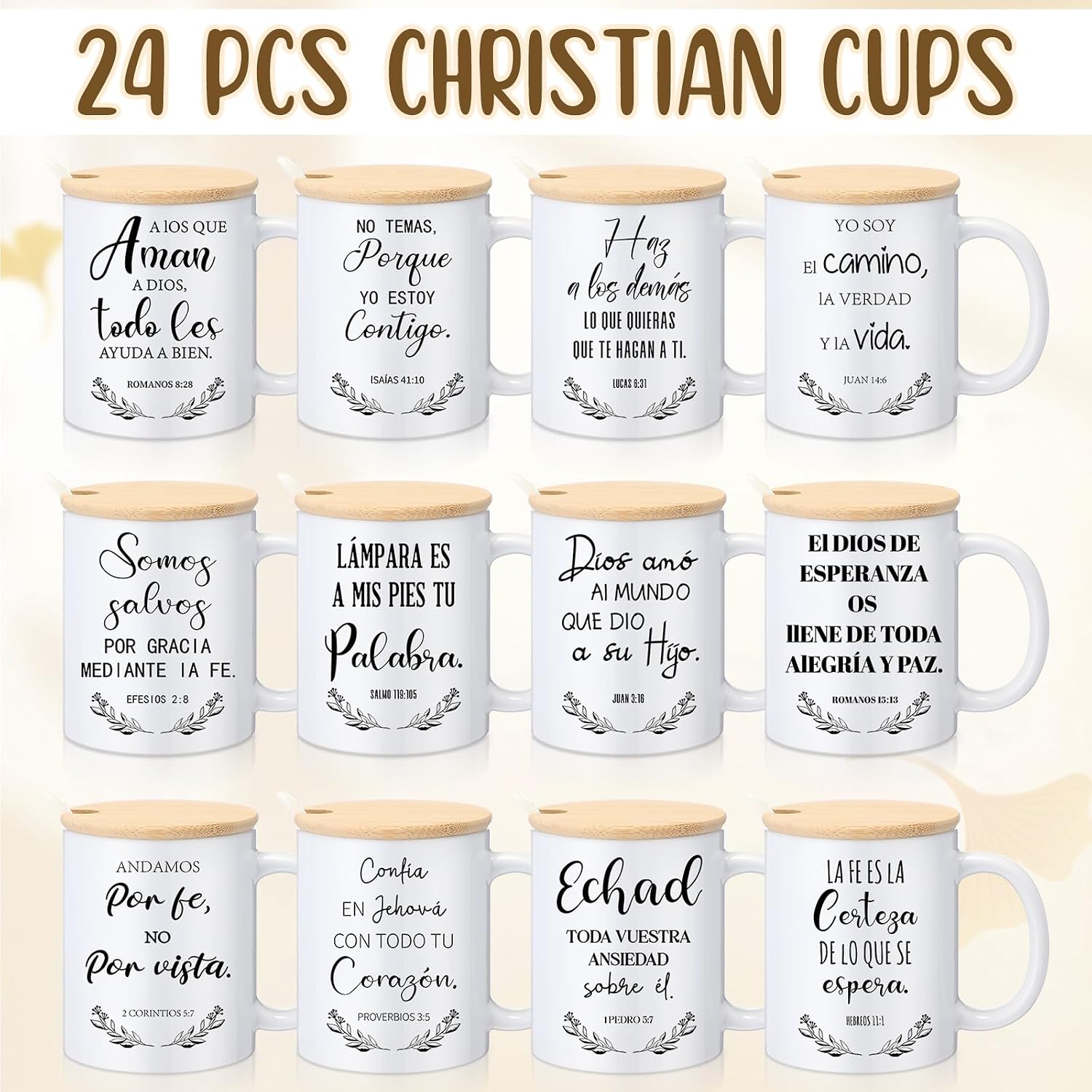 24 Sets Mother's Day Gifts for Church Bulk Christian Coffee Mugs with Lids and Spoons Bible Verse Coffee Mugs 12 oz Religious Ceramic Cups Christian Gifts for Mother Women Mom(Spanish)