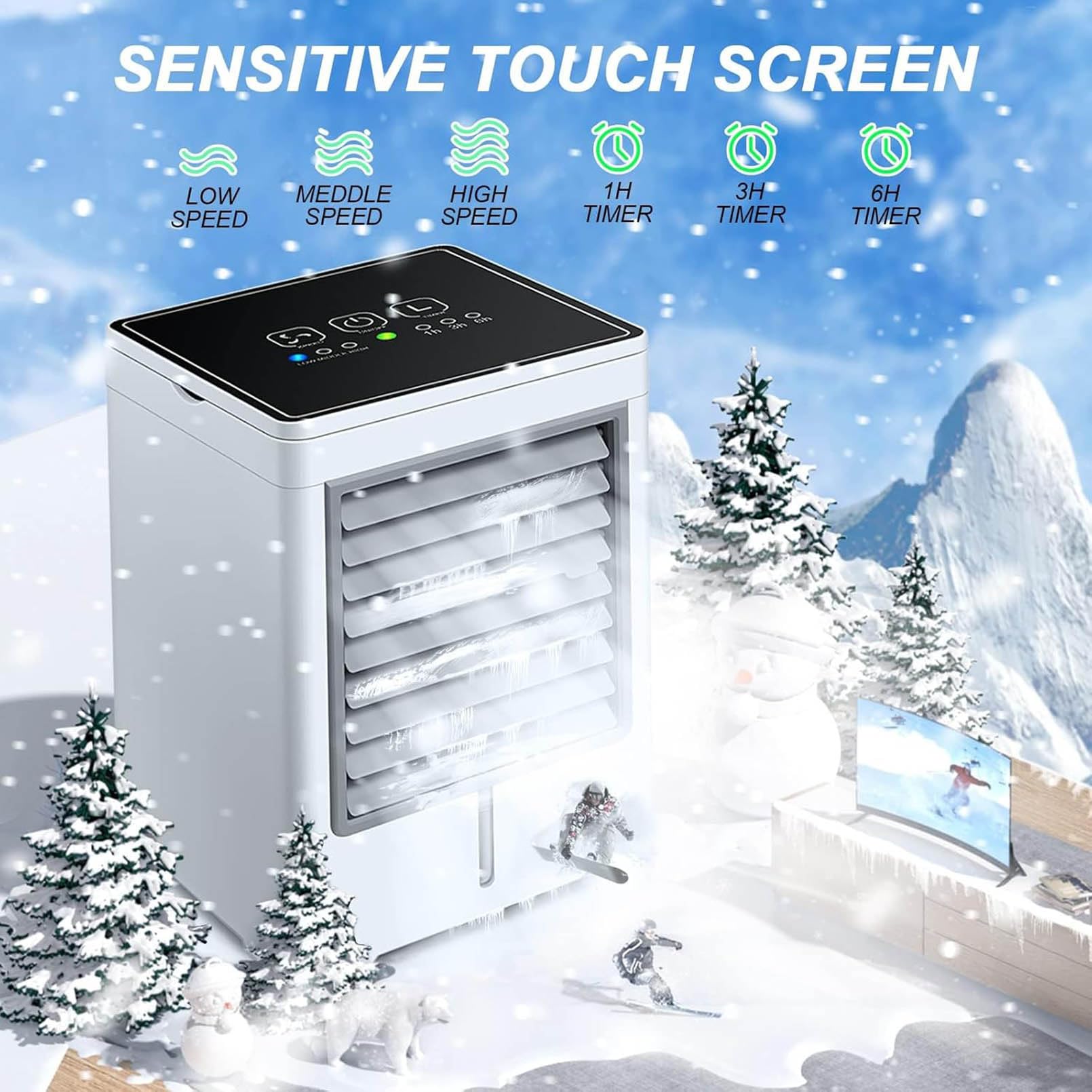 Raffrescatore evaporativo Portatile con USB, Ventilatore a 3 velocità, Touch Screen, Ideale per Ambienti Interni, Tende, Campeggio e attività all'aperto.