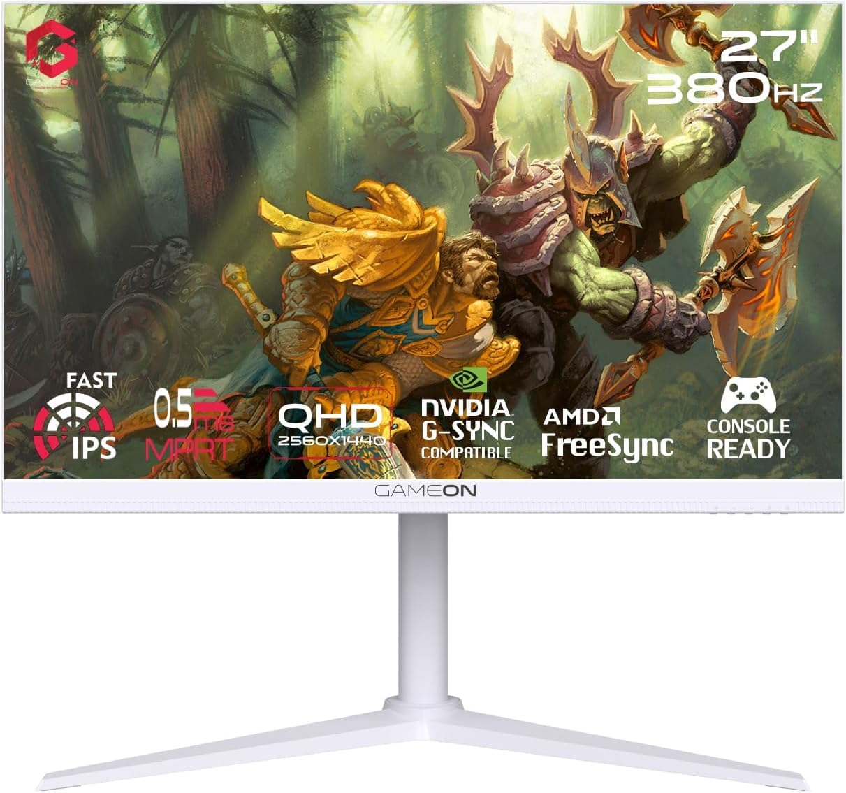 GAMEON GOAP27QHD380IPS Artic Pro Series, White Gaming Monitor 27 inch, 2560x1440p QHD Fast IPS Panel, 380Hz, 0.5ms, 2.1 HDMI, With Stand, FreeSync & G-Sync, Supports HDR400, PS5, VRR