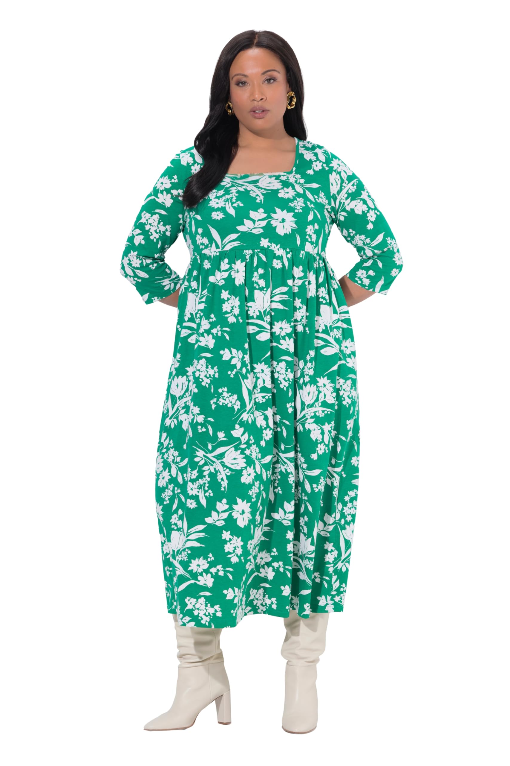 Ulla Popken Damen große Größen Übergrößen Plus Size Jerseykleid, Blüten, A-Linie, Carré-Ausschnitt, 3/4-Arm 847066