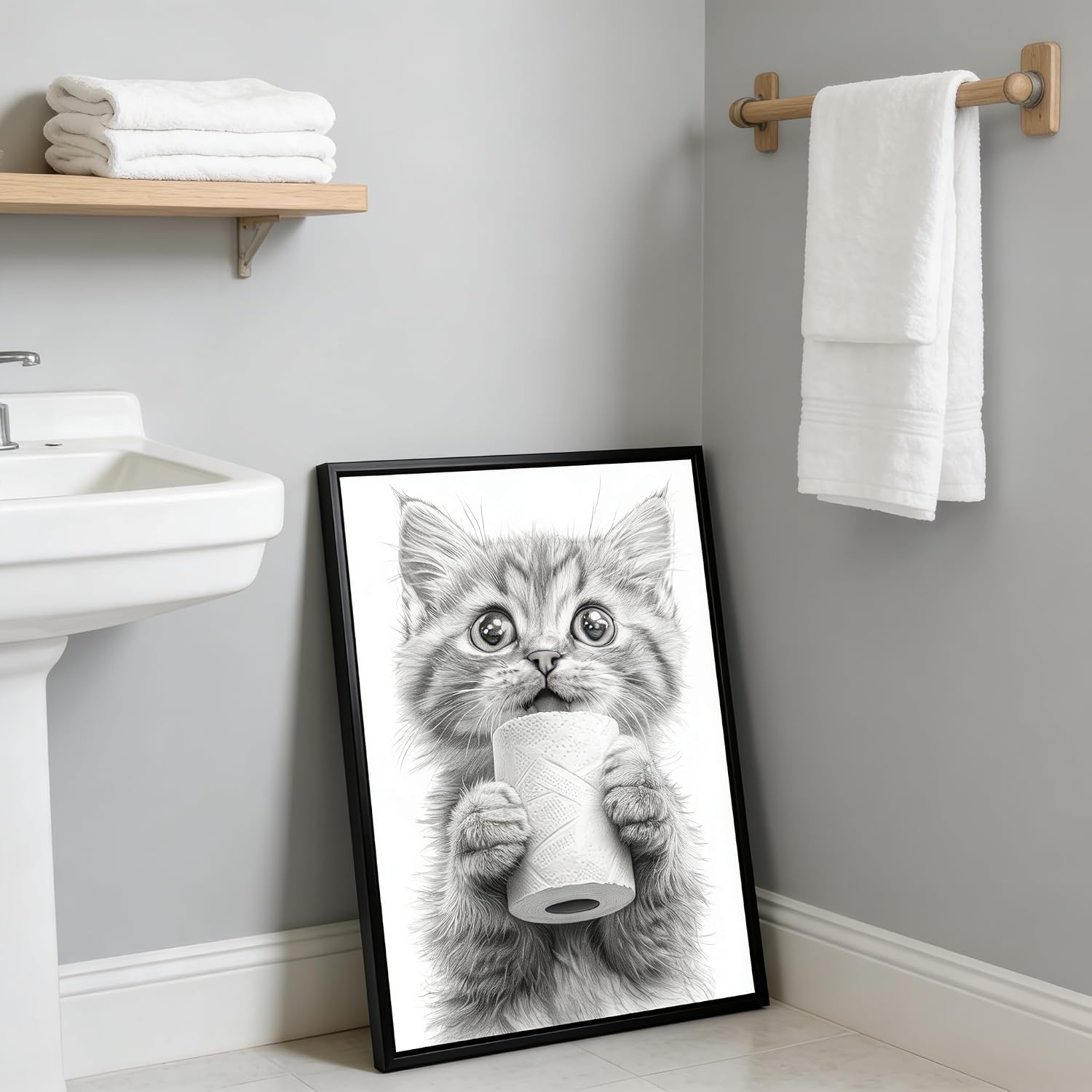 MKCIPJWC Black Framed Cat Bathroom Wall Art Black and White Animal Bathroom Wall Decor Toilet Paper in Little Cat Hand Canvas Print for Restroom 12x16 Inch