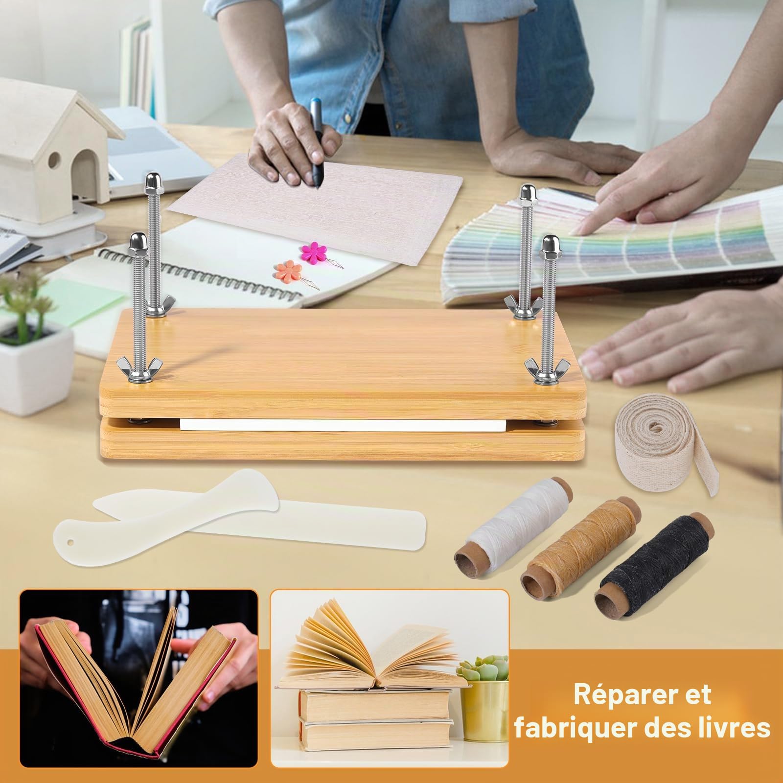 Wankon Kit de reliure pour livres, outils et matériaux de reliure avec presse en bois (30 x 19,2 cm), pliage et couverture de livre