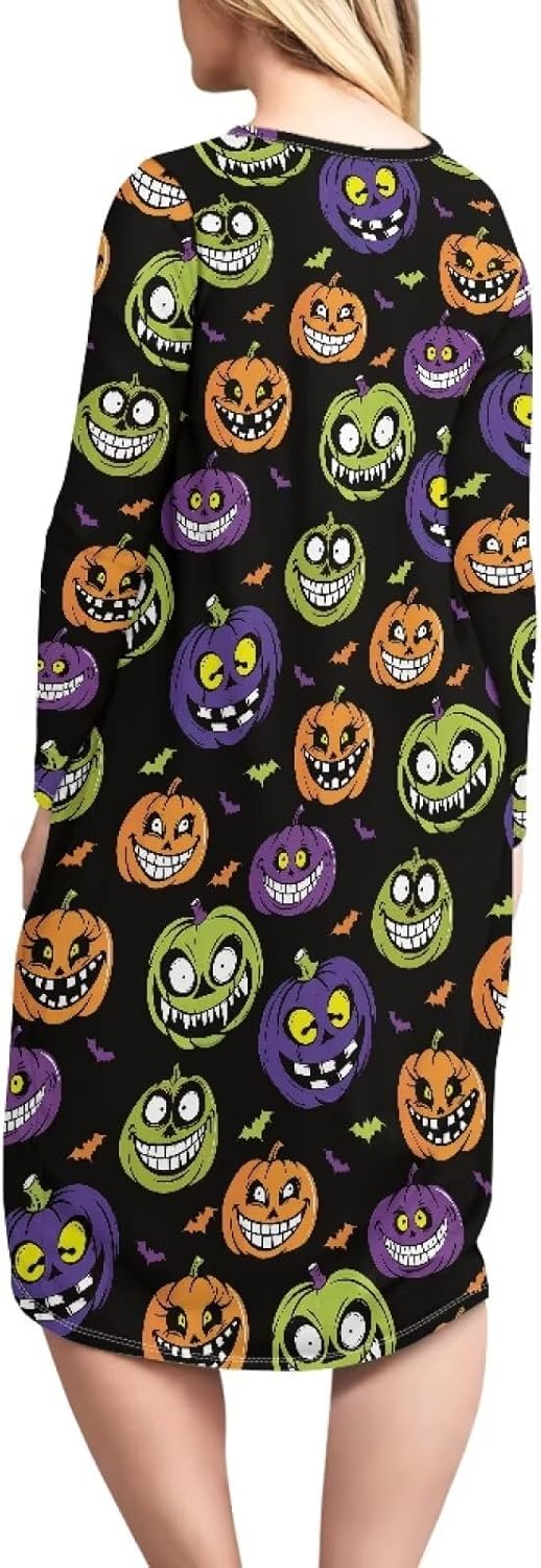 Gomyblomy Women's Halloween Nightgown with Pockets Long Sleeve Sleep Dress S-5XL Plus Size Nightshirts Comfy Loungewear