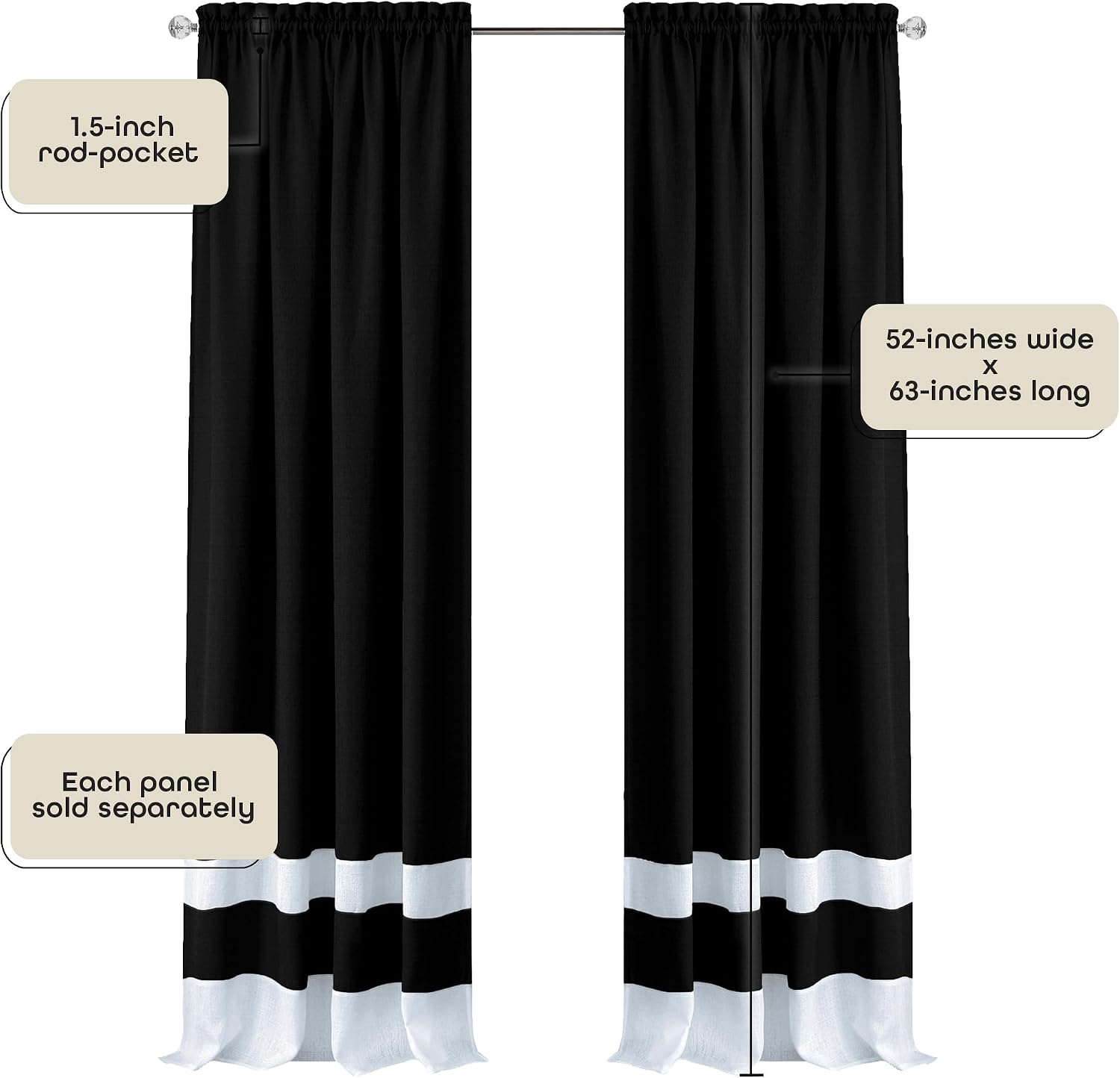 ACHIM Light Filtering Curtain Panel for Windows - 52 x 63 - Lightweight Rod Pocket Drapes for Bedroom, Living Room - Polyester, Machine Washable - Black/White