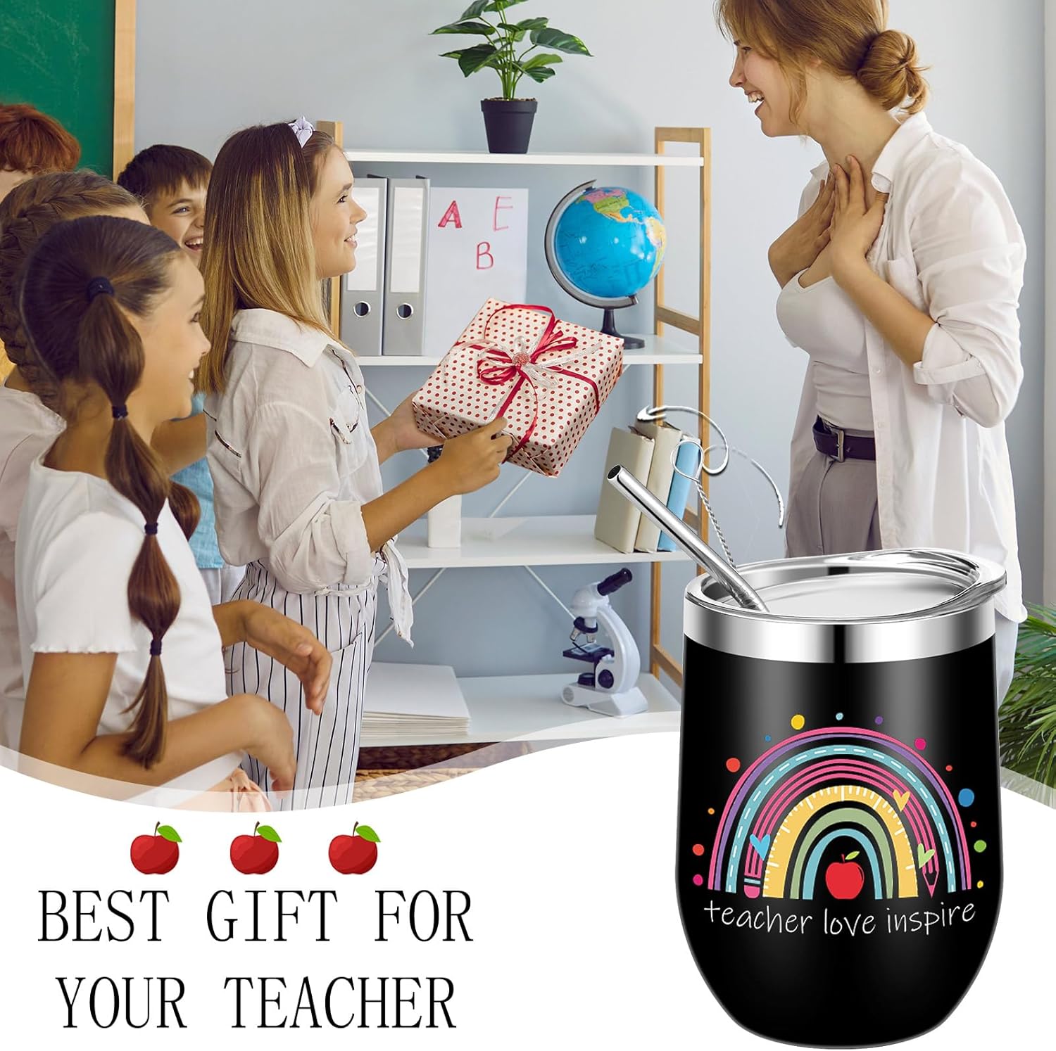 Tioncy 6 Set Valentine's Teacher Appreciation Gifts Bulk 6 Pcs 12 oz Wine Tumbler with Lids and Straws 6 Keychain Thank You Gift Best Teacher Insulated Mug for Women Men Graduation Gift(Classic) - Image 2