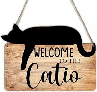 Welcome to the Catio Wood Sign Cat House Signs Cat Head Sign Hanging Cats Signs Catio Accessories Cats Themed Gift Pet Lover Mom Gift Wall Art Home Decor 8.8 X 10.2 Inches -DH121
