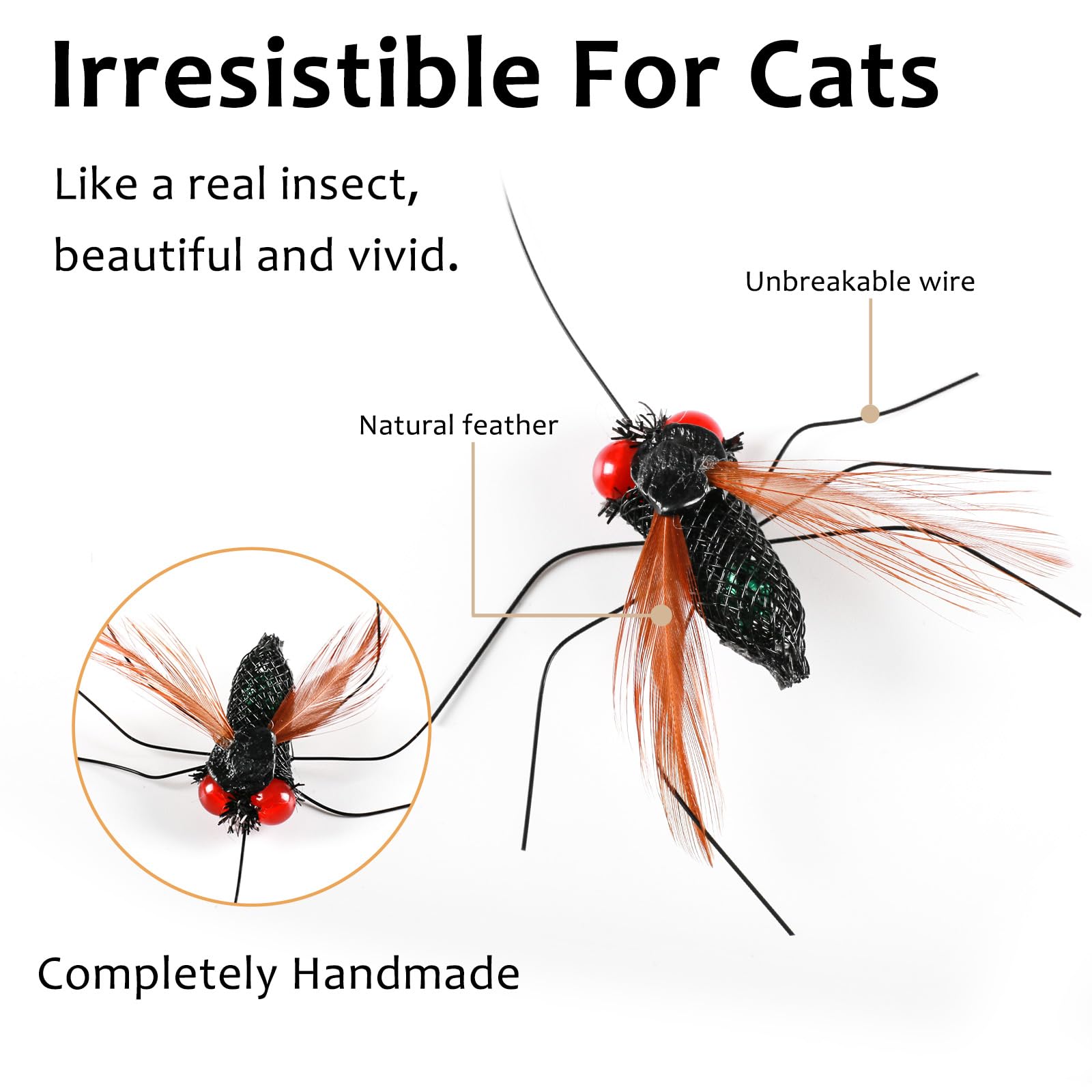 Juguetes de varita de plumas de insectos para gatos, varita de juguete interactiva para gatos con 4 recambios de insectos de simulación, juguetes naturales hechos a mano para gatos de interior
