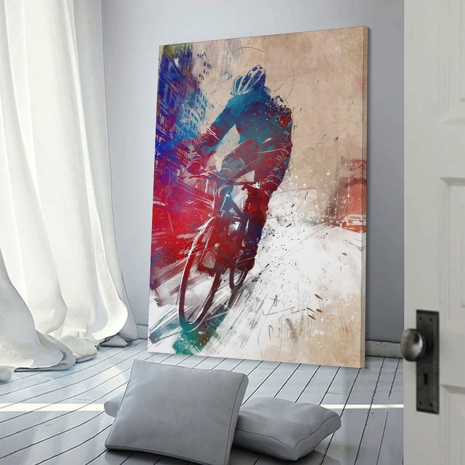 Junmoney Cyclist Watercolor Art Canvas Wall Decor, 08x12inch(20x30cm), for New Homes, Bedrooms Or Workspaces, Gift Idea for Housewarming And Birthdays
