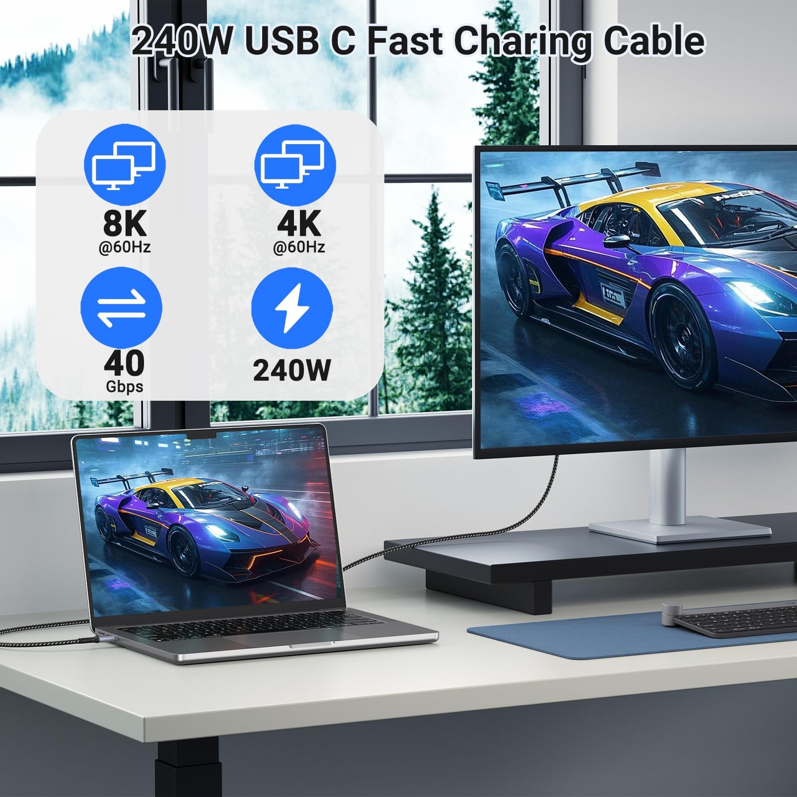 Kabel SUMPK USB C do USB C 240W 40Gbps 8K 60Hz 4K 144Hz Thunderbolt 4/3 iPhone 15Pro