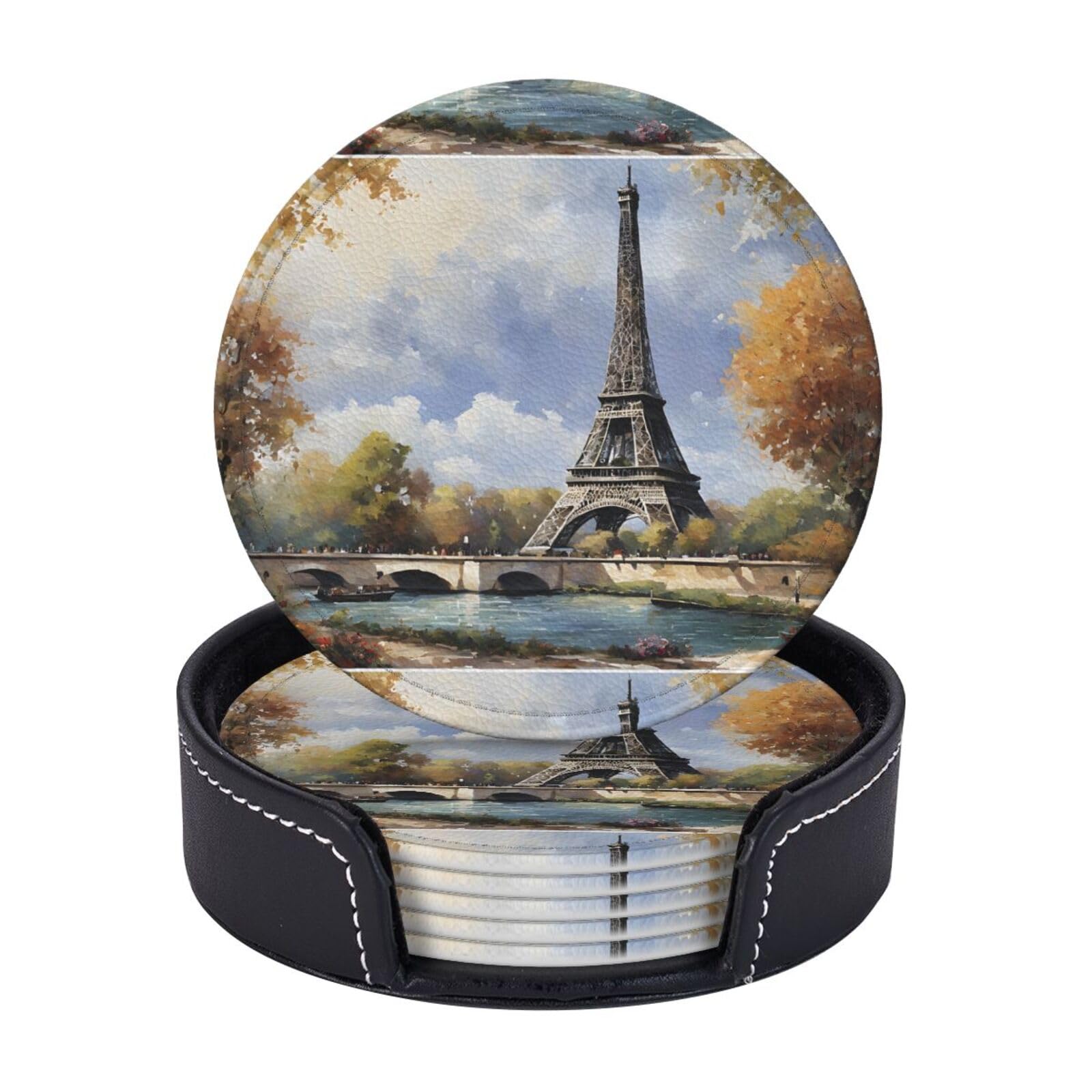 Coasters Set of 6 Microfiber PU leather Coasters with Holders for Drinks Coffee Bar Accessories, House Apartment Coffee Table Decor, Housewarming Gifts - Romantic Paris Eiffel Tower