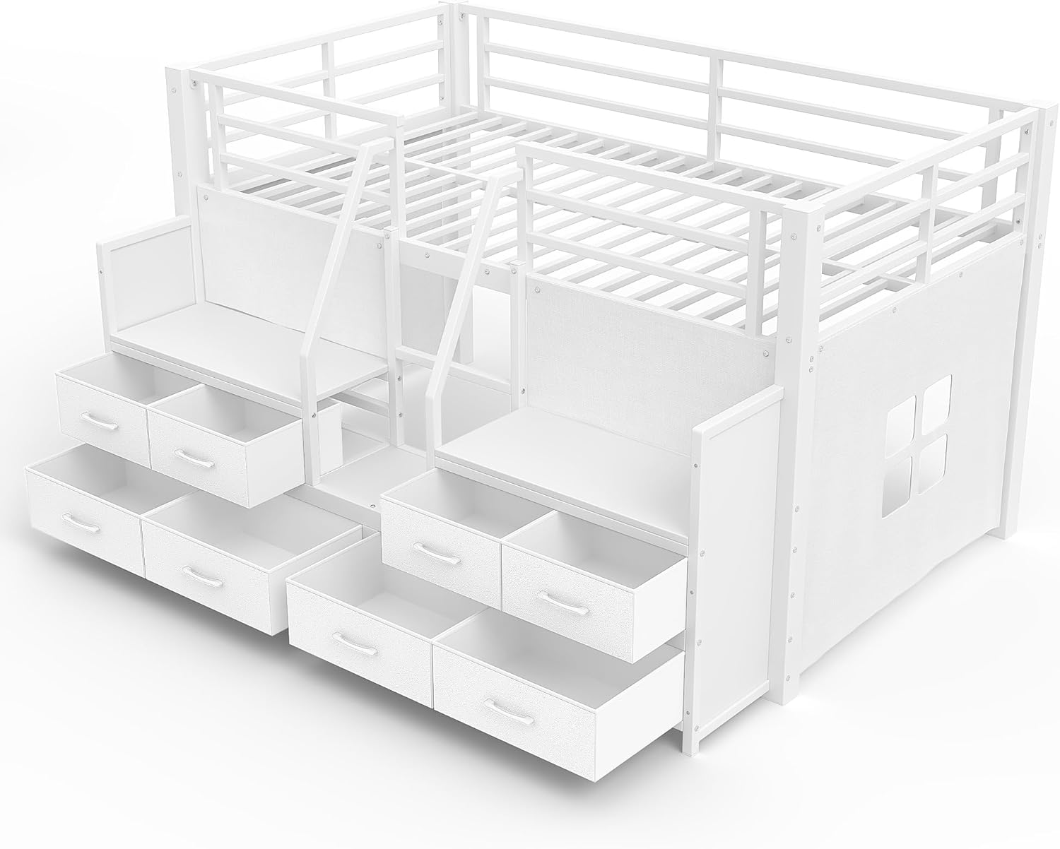 LUMISOL Twin Low Loft Bed with Storage for Teens, Play Loft with Stairs, 8 Fabric Drawers and Shelves, Metal Low Play Bed with Lights and Under-Bed Spaces, White
