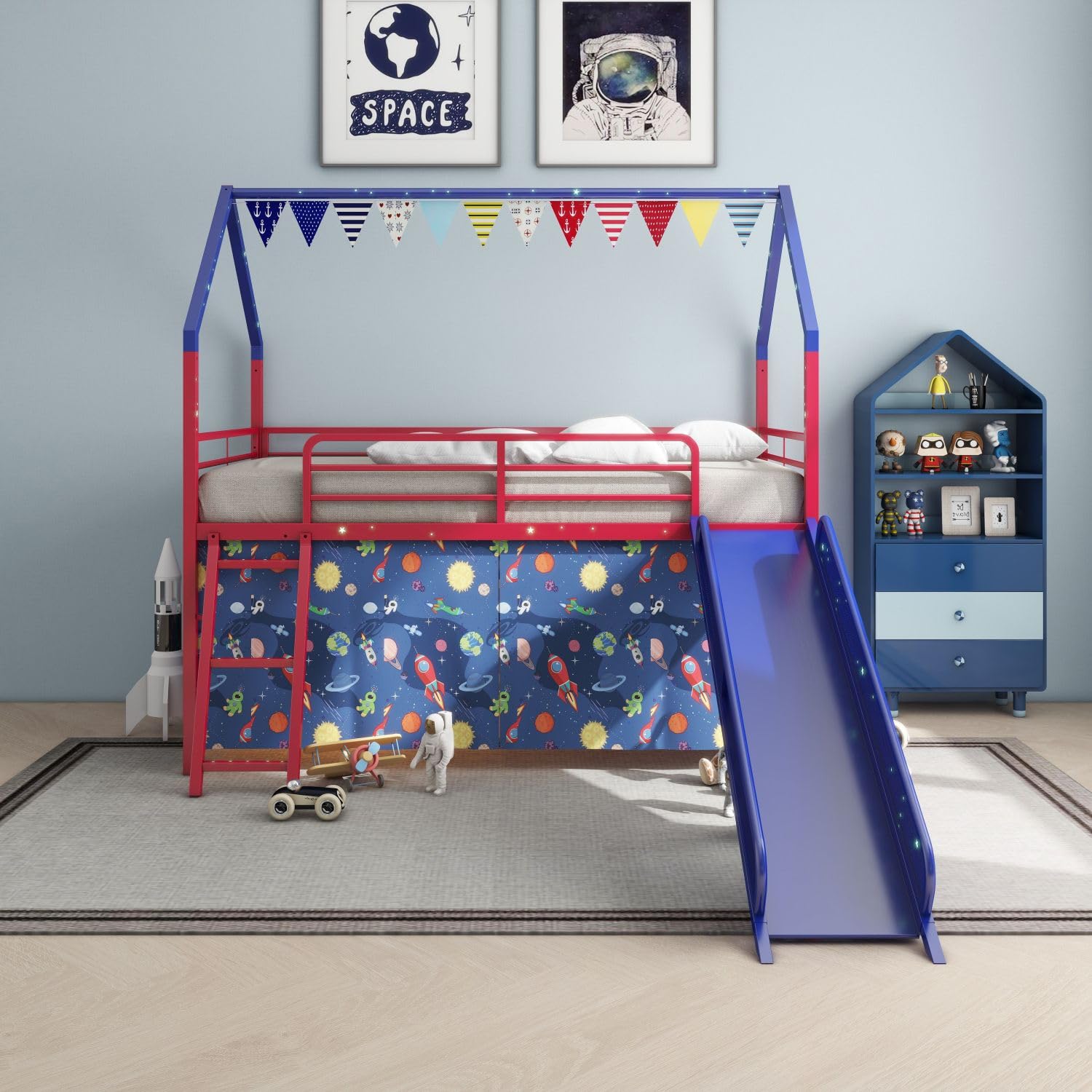 Jack Metal Junior Twin Loft Bed with Slide &amp; Curtain Set - Superhero Red/Blue