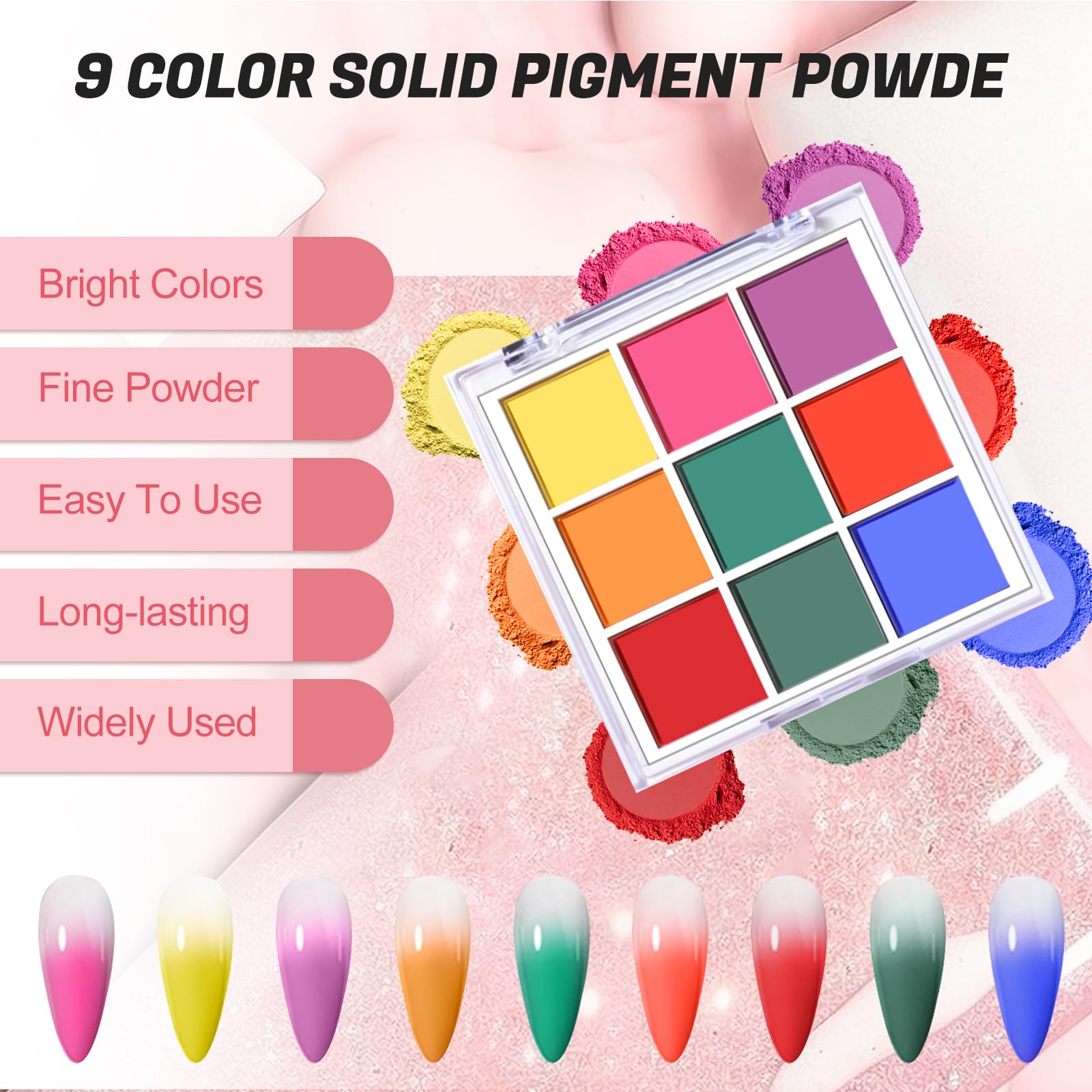 Nail Pigment Powder Palette, 9 Colors Gradient Solid Pigment Powder for Nails, Nail Art Manicure DIY Accessories (Dark)