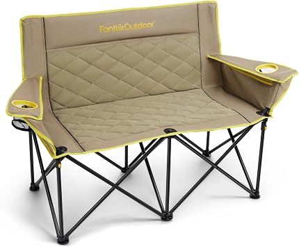 FanttikOutdoor Zeta L11 Duo Pro Double Camping Chair, 2 Person Portable Folding Couch, Up to 600 lbs, High Strength Loveseat with Cup Holder & Carry Bag for Travel, Patio, Games, BBQ, Backyard, Khaki