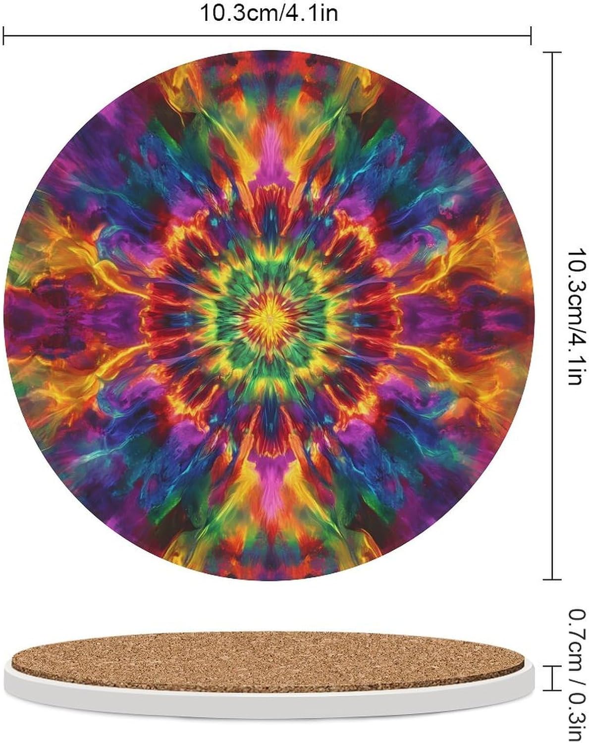 Psychedelics Tie-dye Round Ceramic Coasters Print Drinks Absorbent with Cork Base for Home Decor Gifts 4 Inch