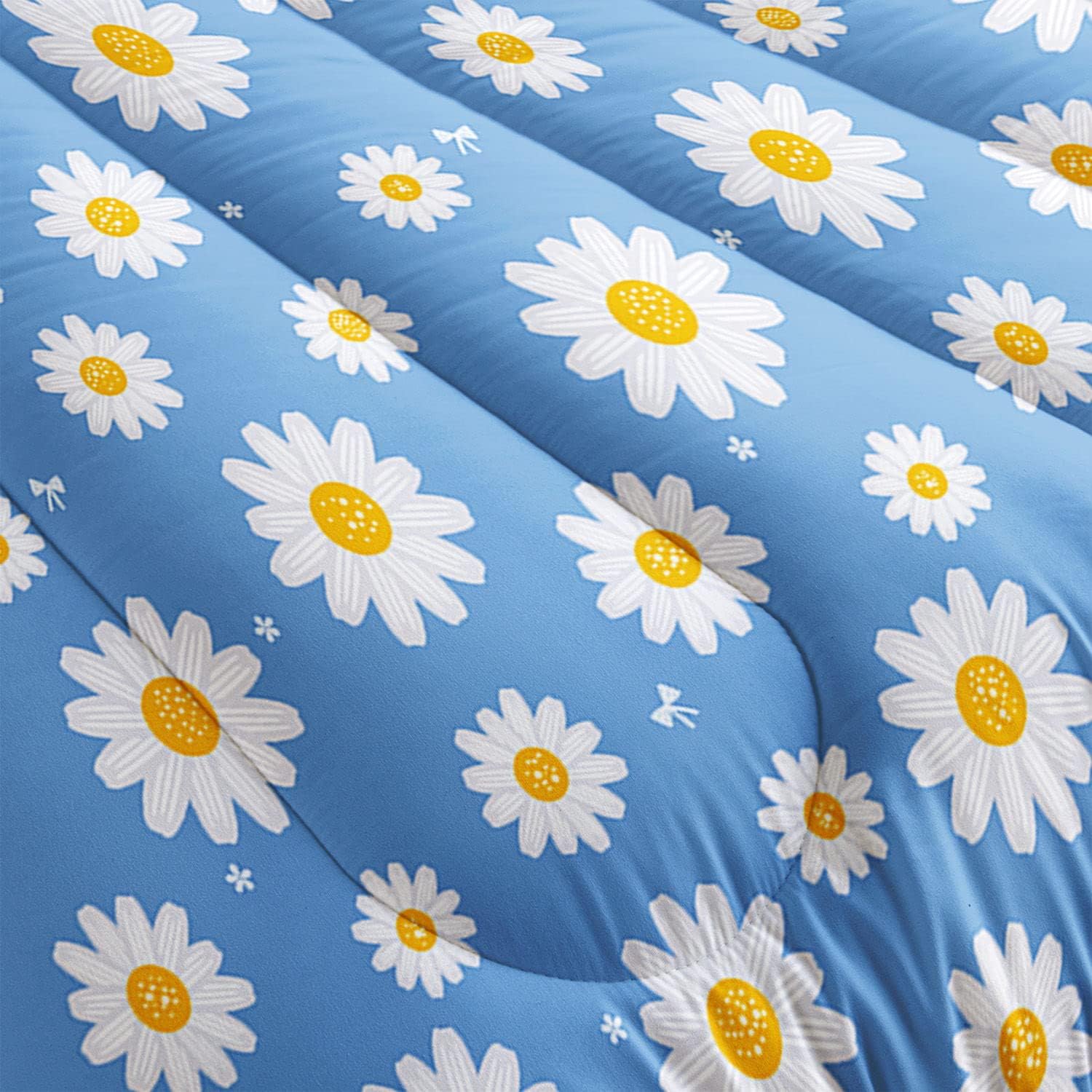 Flower Comforter Set Blue Daisy Floral Printed Pattern Quilt Bedding with 1 and 2 Pillowcases for Girls Women Bedroom All Season(Blue Full) Full 80x90inches