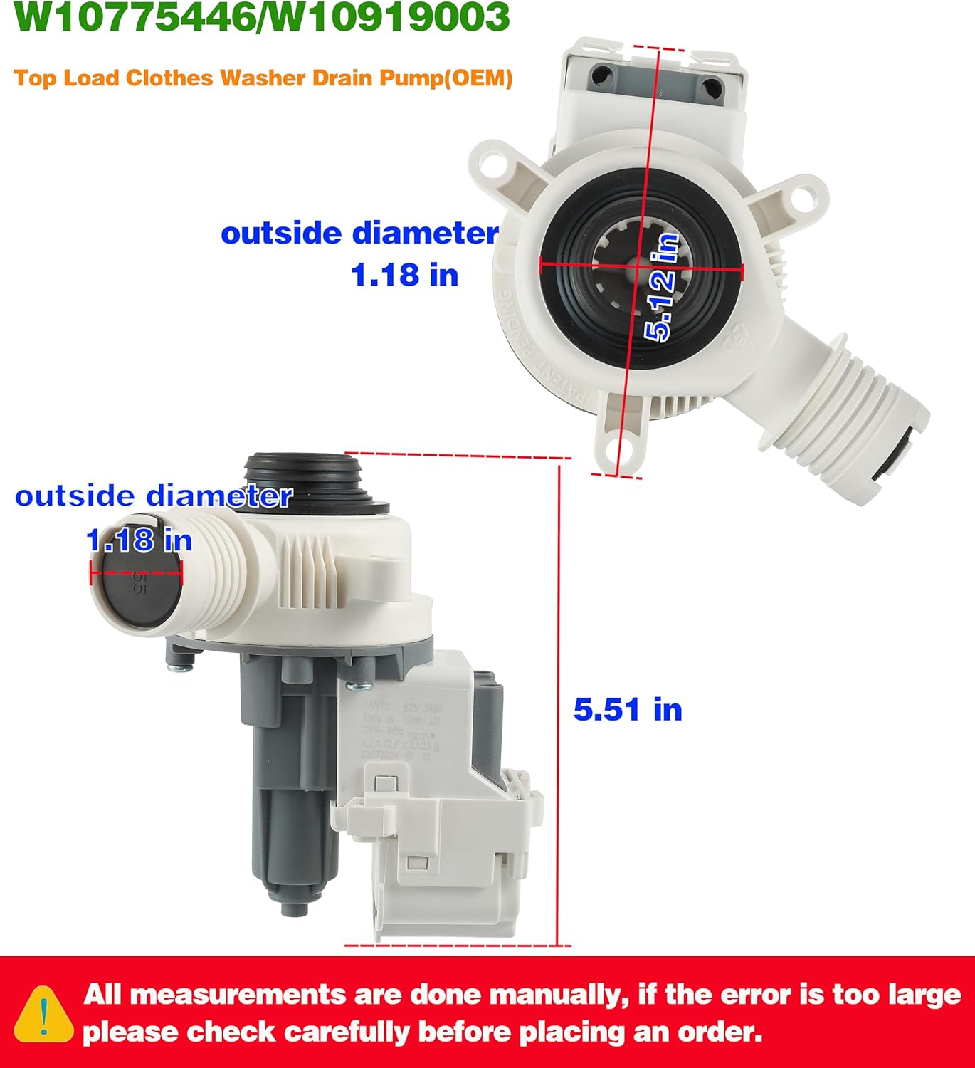 W10919003 W10775446 Washer Drain Pump Compatible With Whirlpool Kenmore Maytag Clothes Washer Washing Machine Water Drain Pump and Motor Replacement Parts for: AP6038235 4461359 PS11770076