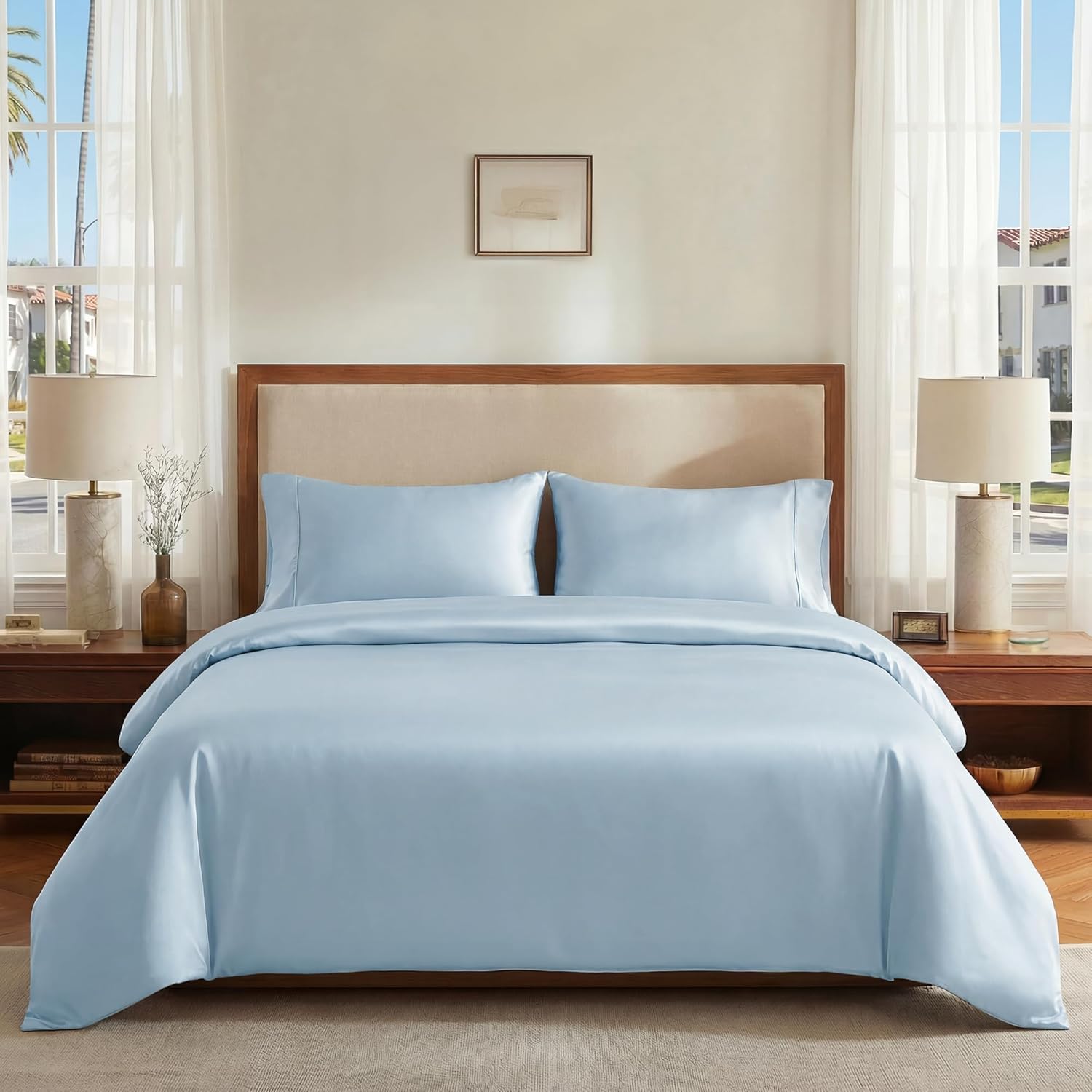 Deconovo 100% Viscose Duvet Cover (from Bamboo), Cooling Soft Breathable Bedding ，Oeko-TEX Standard 100-(Queen,Sky Blue) (1 Pack)