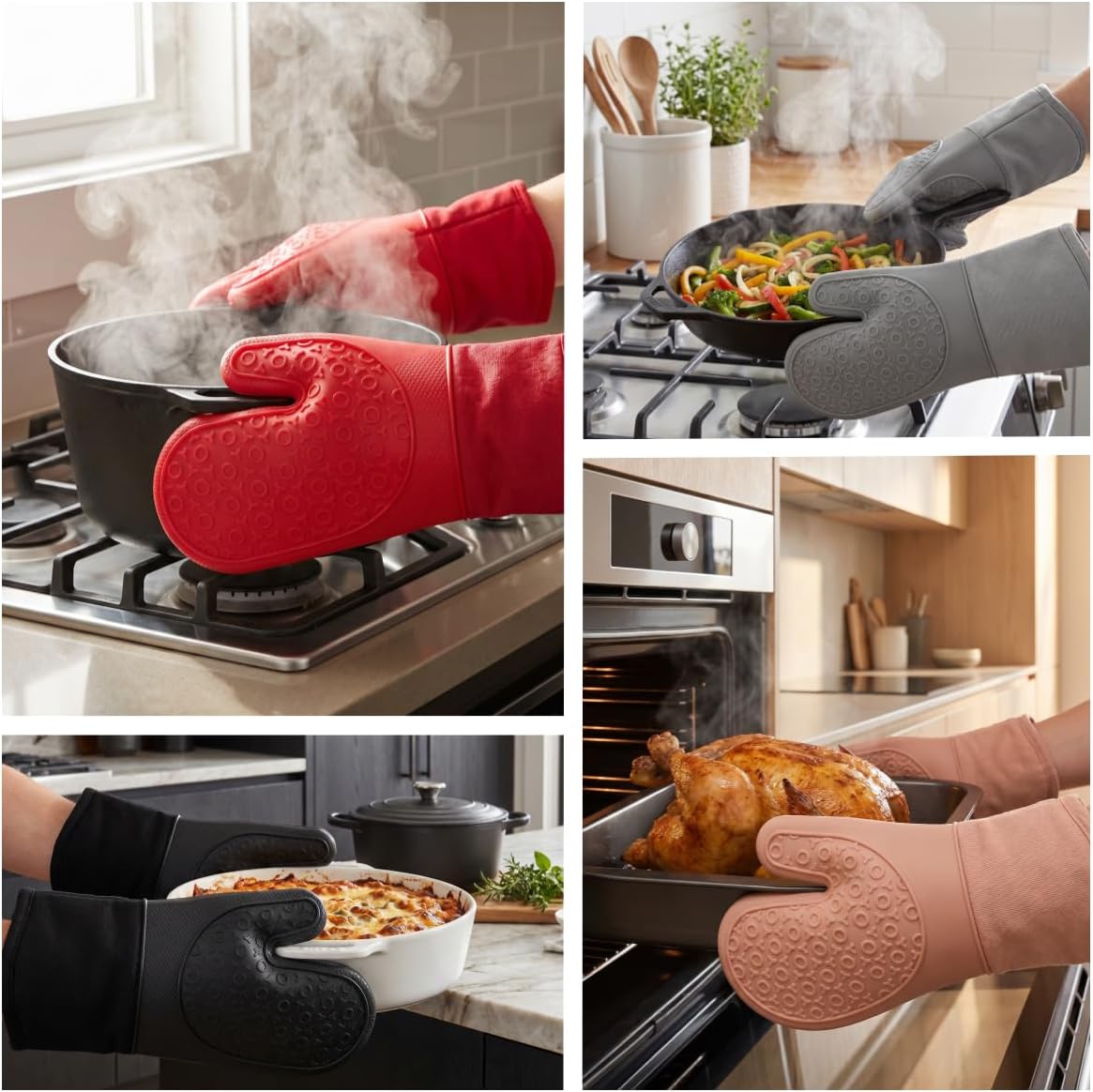 Silicone Oven Mitts Ultra Heat Resistant up to 500°F - Oven Mitts with Thick Cotton Liner - Long Slip Resistant Pot Holders, Flexible Oven Gloves -2Pack 13.5" (RED)