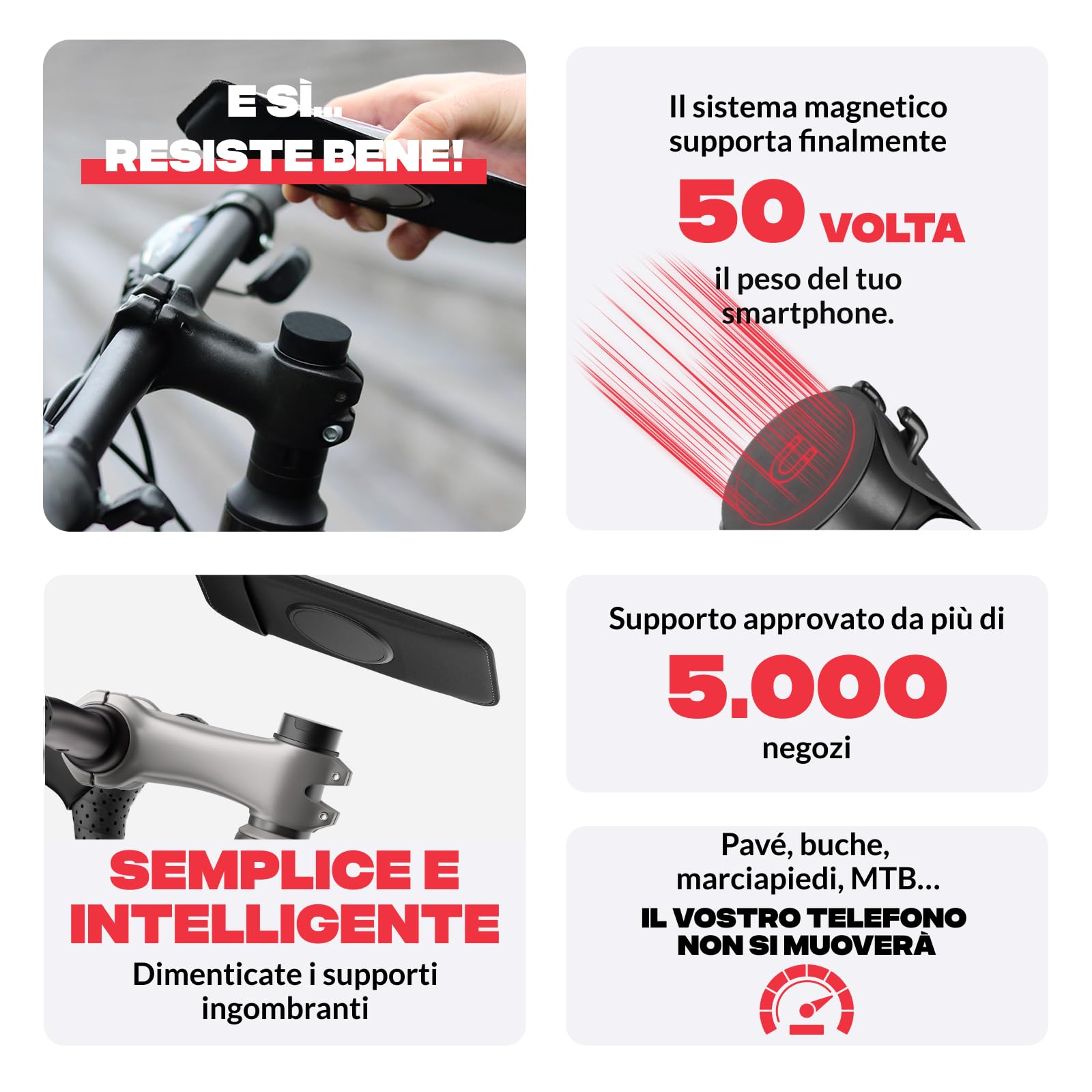 Shapeheart Porta Cellulare Bici per Attacco Manubrio Magnetico | Compatibile con ogni telefono | Attacco M6 | Sterzo 1 1/8 | Attacca e stacca in 2 s | Antivibrazione | Resiste alla pioggia