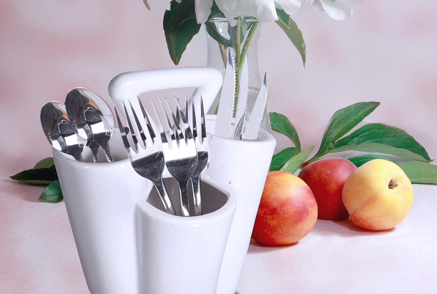 Farmhouse Decor 4 Section Ceramic Silverware Holder - Flatware and Cutlery Caddy - Kitchen Table Organizer (White)