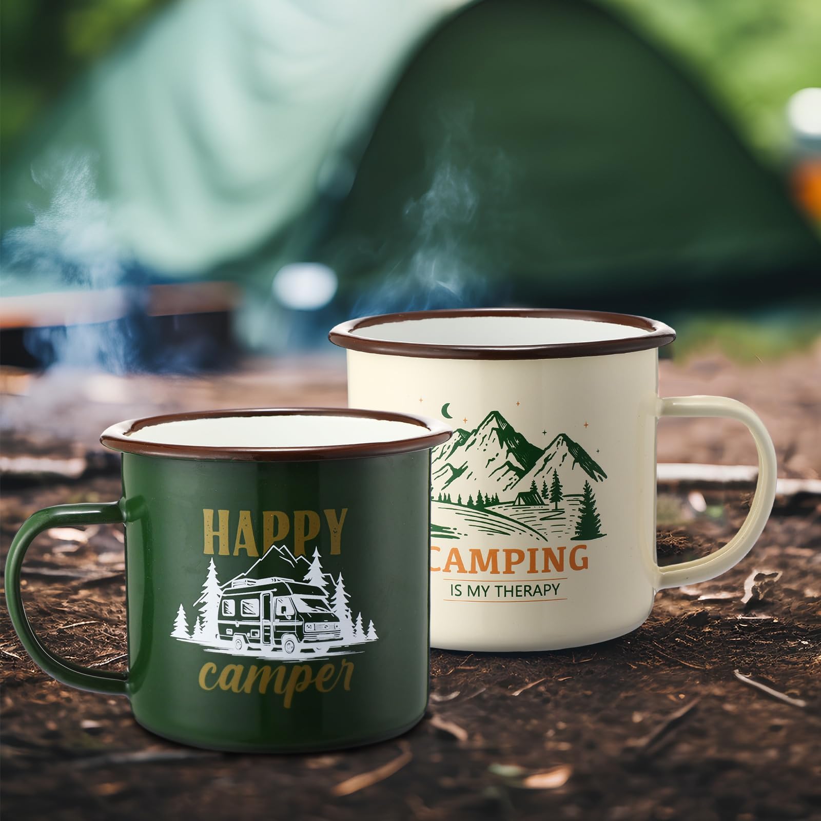 Maxcheck Emaille-Camping-Tassen, Kaffeebecher, Geschenk, 425 ml, Motiv: Happy Camper, Lagerfeuer, Teetassen, 3 Stile, Reise-Camping-Tassen, 6 Stück, für Trinken, Outdoor-Paare, Keramikbecher,