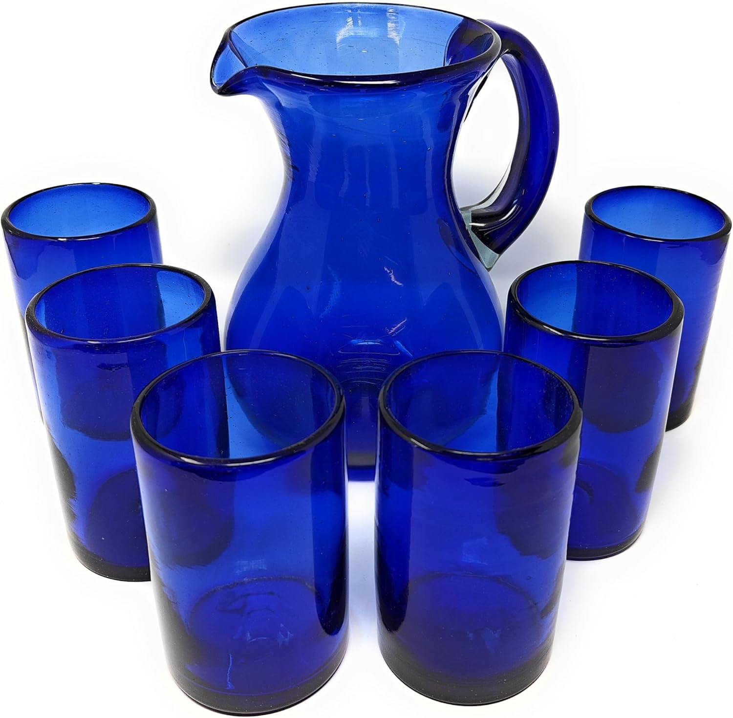 Dos Sueños Mexican Hand Blown Glass Drinkware Set - 6 Drinking Glasses (14oz) and Pitcher (84oz) – Cobalt