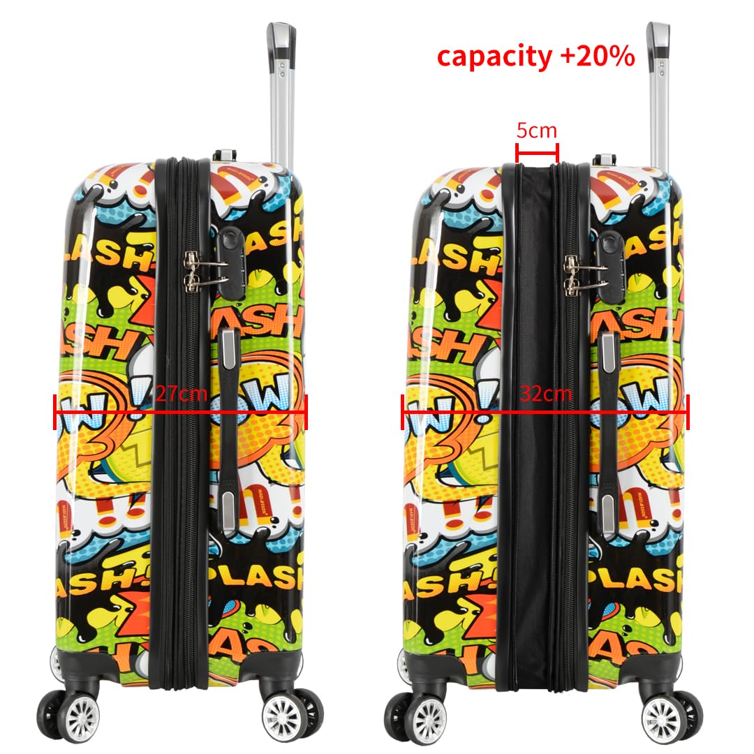 A1 FASHION GOODS Maleta rígida giratoria con cerradura TSA, 4 ruedas, equipaje expandible, onomatopeya, impresión de sonidos cómicos, multicolor, Medium 24", Equipaje expandible rígido con ruedas