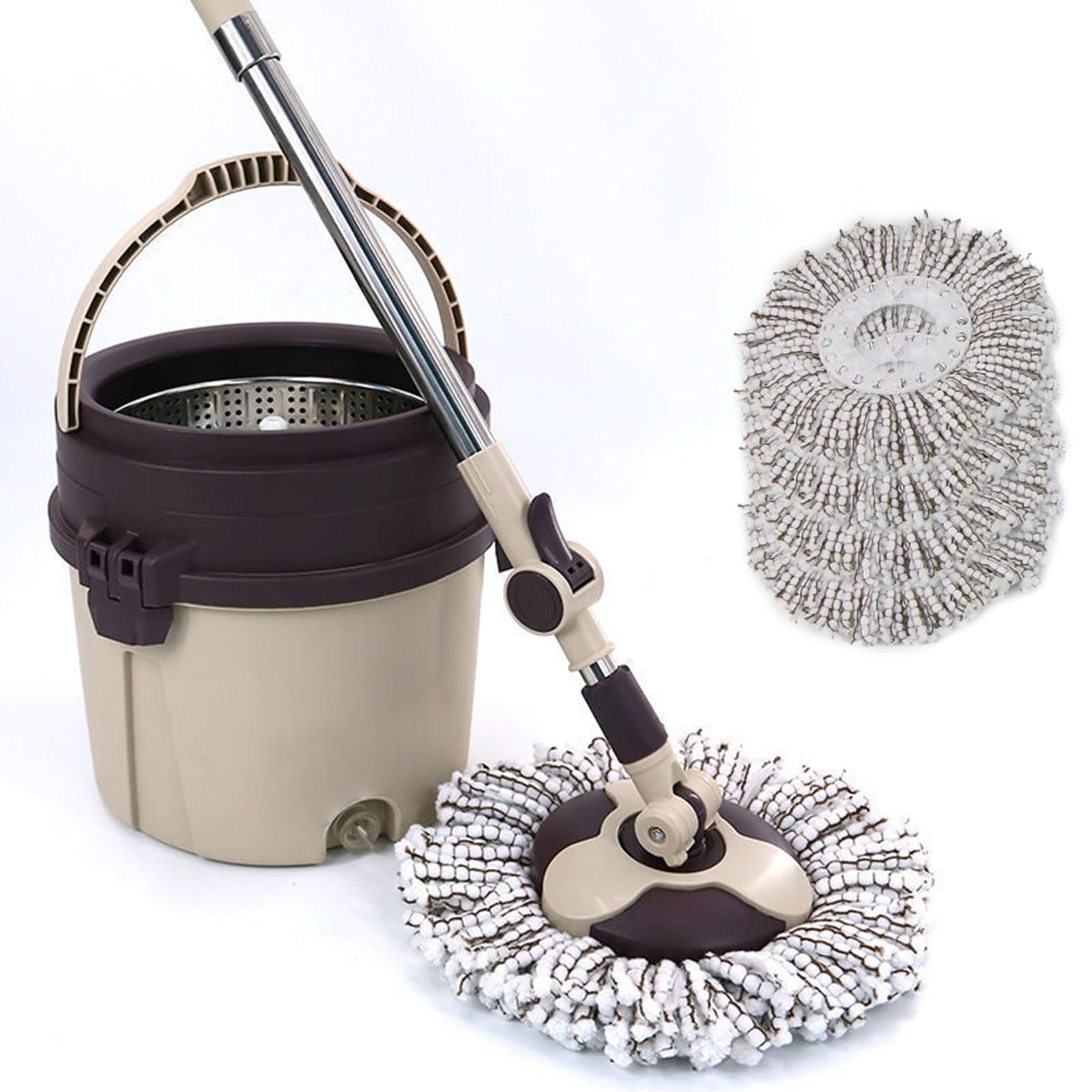Questo Set Composto da mocio Rotante e Secchio con strizzatore per la casa, Testina del mocio Girevole a 360° con 4 Panni di Ricambio in Microfibra, Pulizia di Pavimenti in Legno, Laminato,