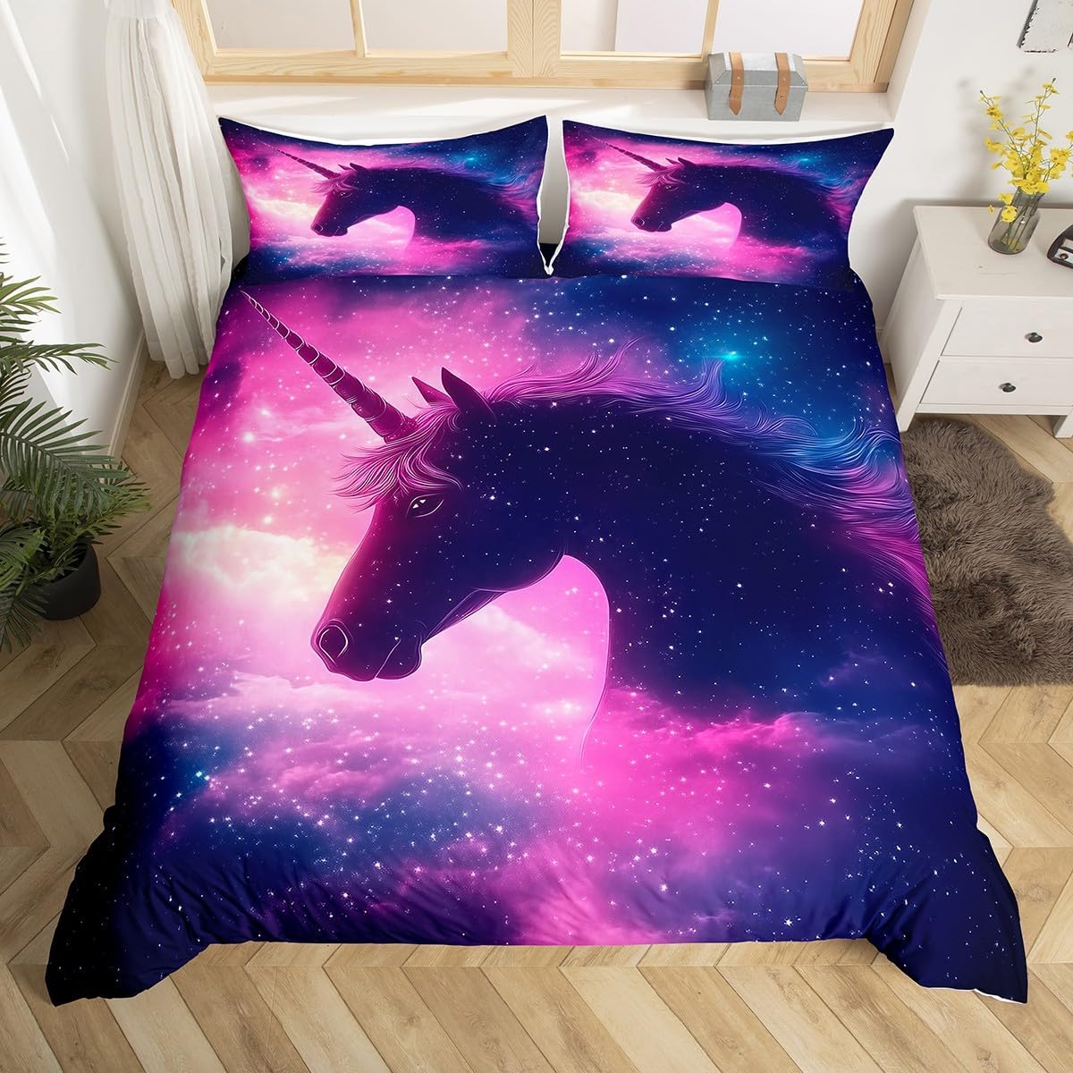jejeloiu Girls Cute Unicorn Duvet Cover Toddler Size Kids Dreamy Horse Rainbow Comforter Cover Set for Boys Teens Unicorn Glitter Bedding Set Breathable Cute Animal Bedspread Cover Quilt Cover