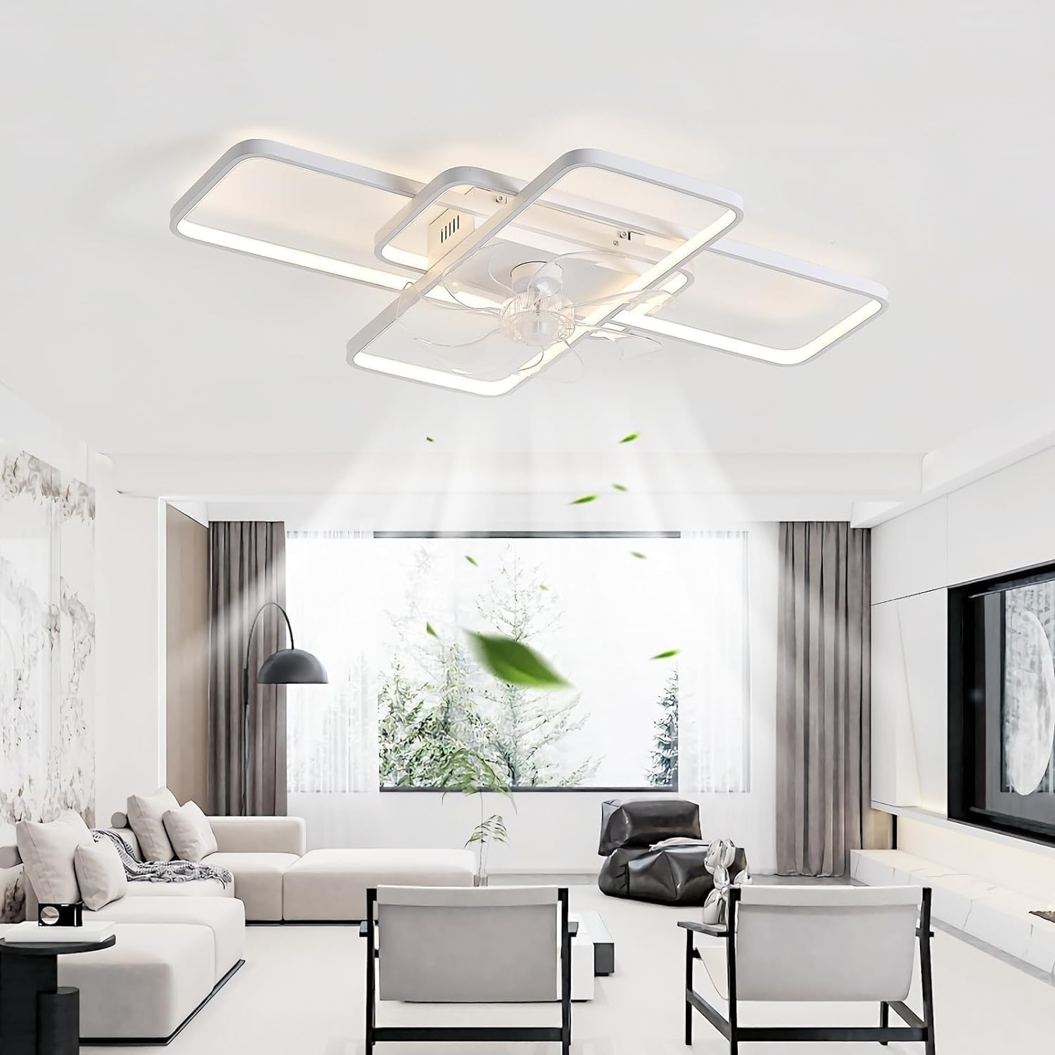 Lampa sufitowa z wentylatorem, ciche białe oświetlenie, aplikacja i pilot zdalnego sterowania, ściemniana lampa LED 120 W, idealna do salonu, sypialni i jadalni, timer
