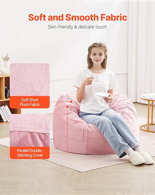 VEVOR Bean Bag Chair, 3 feet Round Bean Bag Chair with Removable and Washable Cover, 25D Memory Foam Filled with Soft and Smooth Dutch Velvet, Bean Bag for Bedroom or Playroom, Pink thumbnail 4