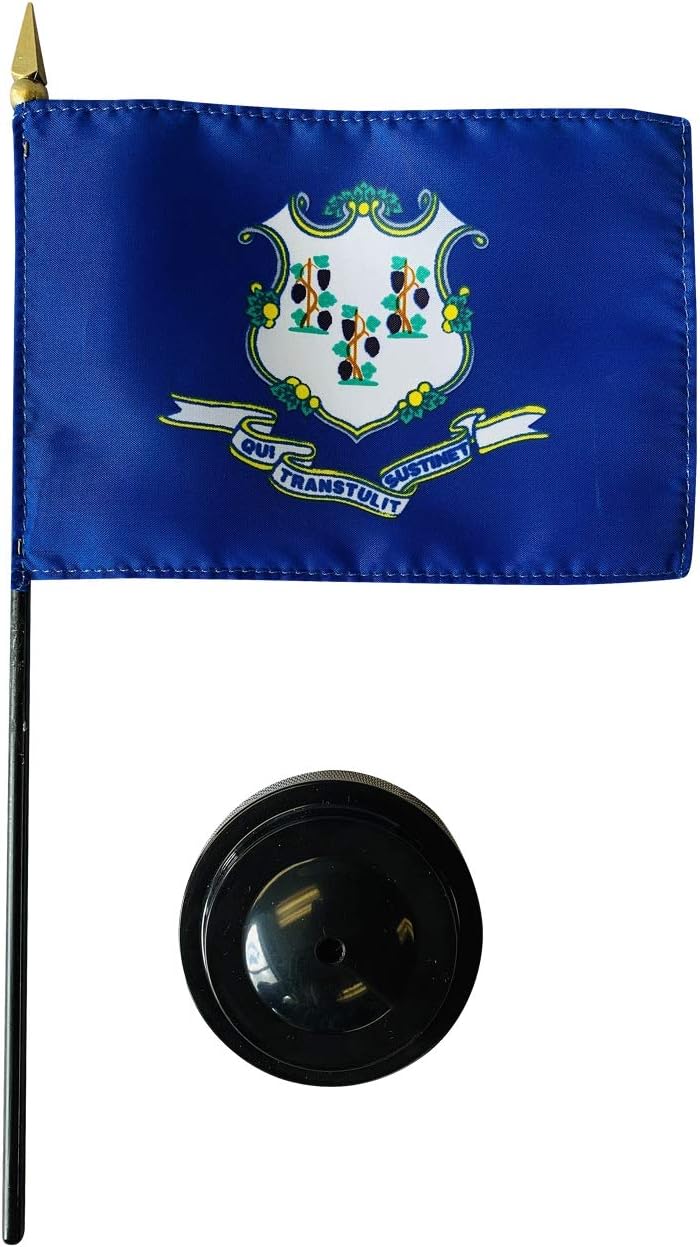 Set of 3 4x6" E-Gloss Connecticut Stick Flag with Plastic Table Base - Made in the USA