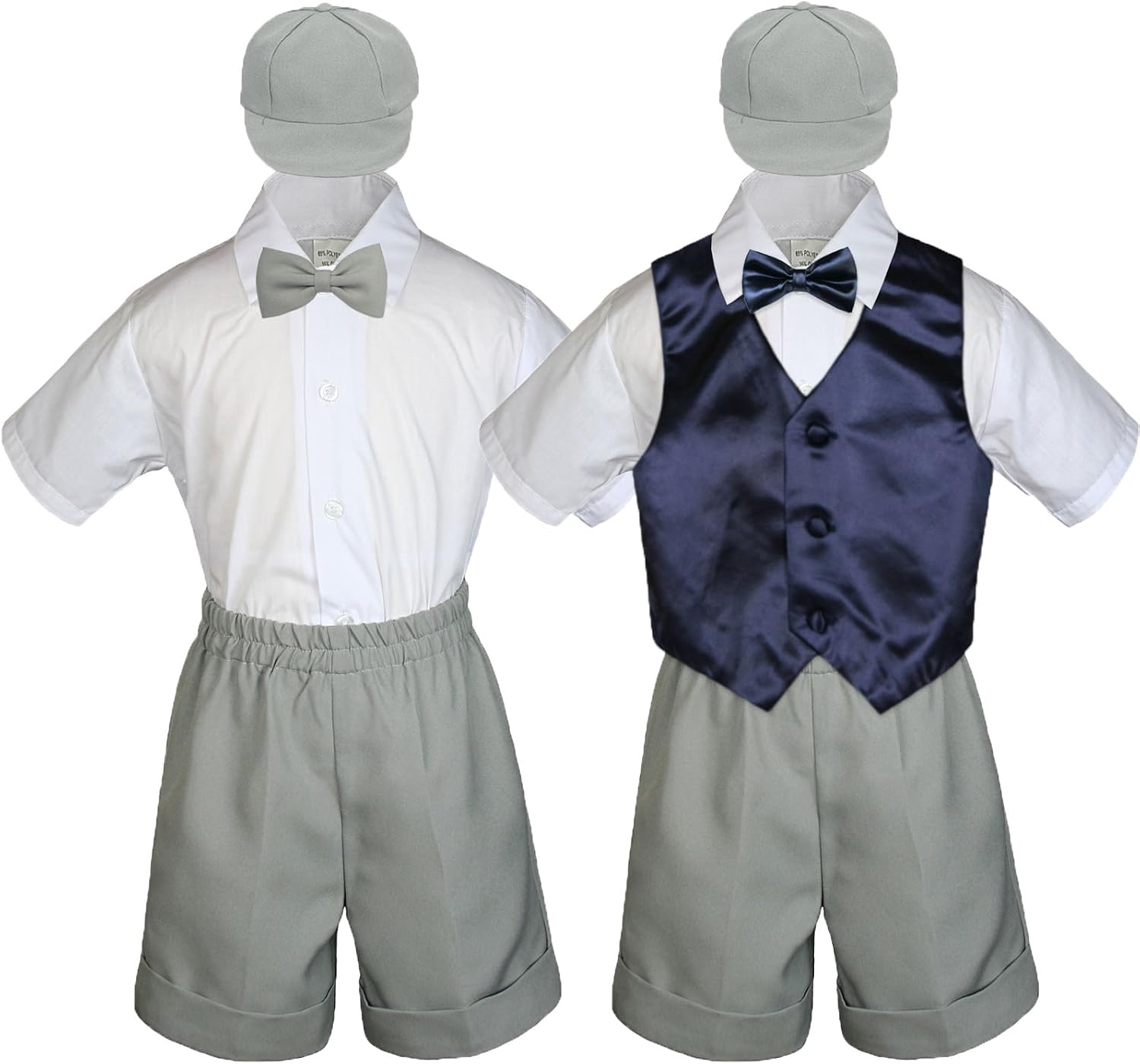 Baby Toddler Boy Formal Party Suit Gray Shorts Shirt Hat Bow tie Vest Set Sm-4T (Medium (6-12 Months), Navy)