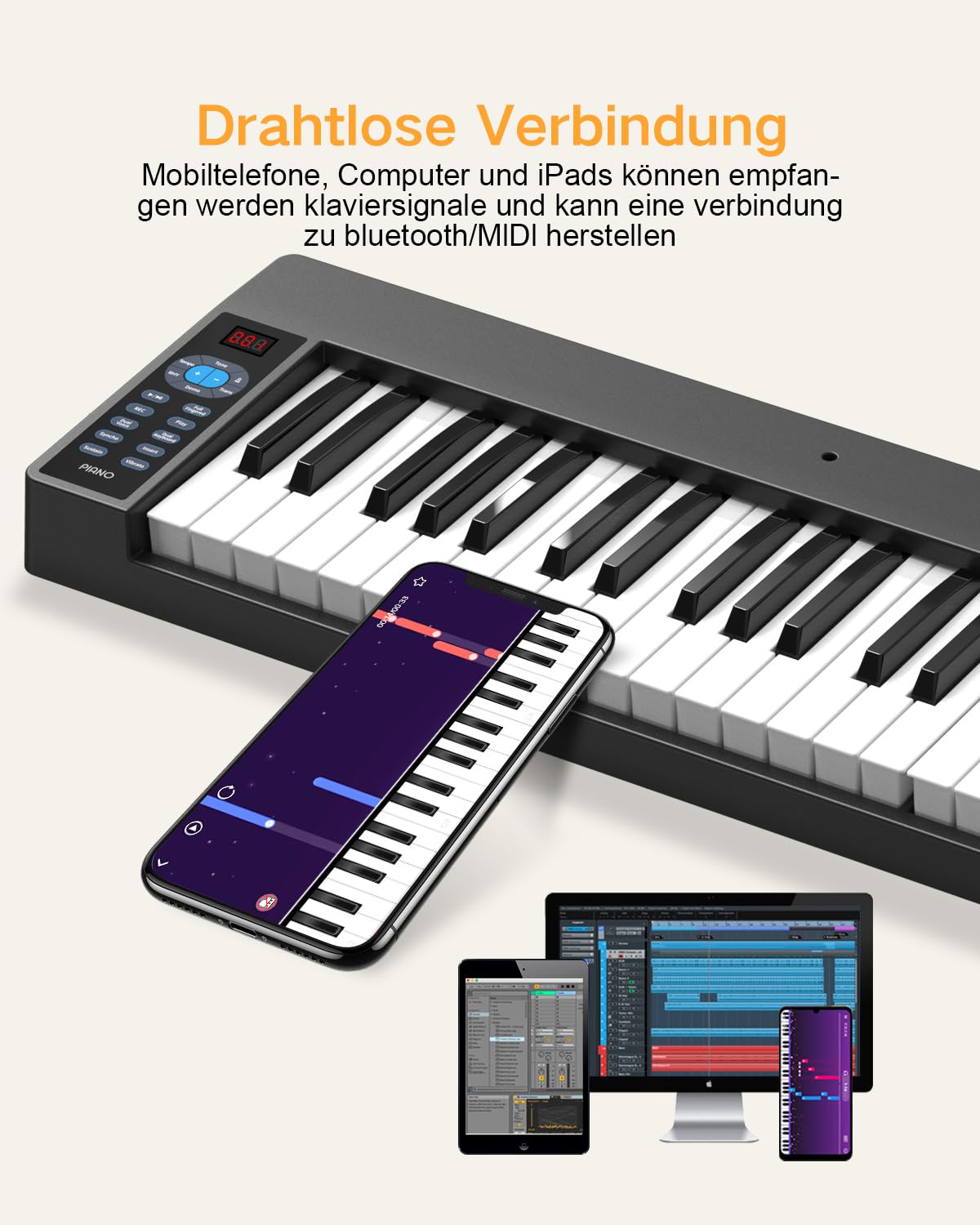 Faltbares Klavier 61 Tasten mit MIDI & Bluetooth – Tragbares Piano Keyboard Set für Anfänger, Kinder & Erwachsene – Ideal für Reisen, Zuhause, Musikunterricht & Geburtstagsgeschenk
